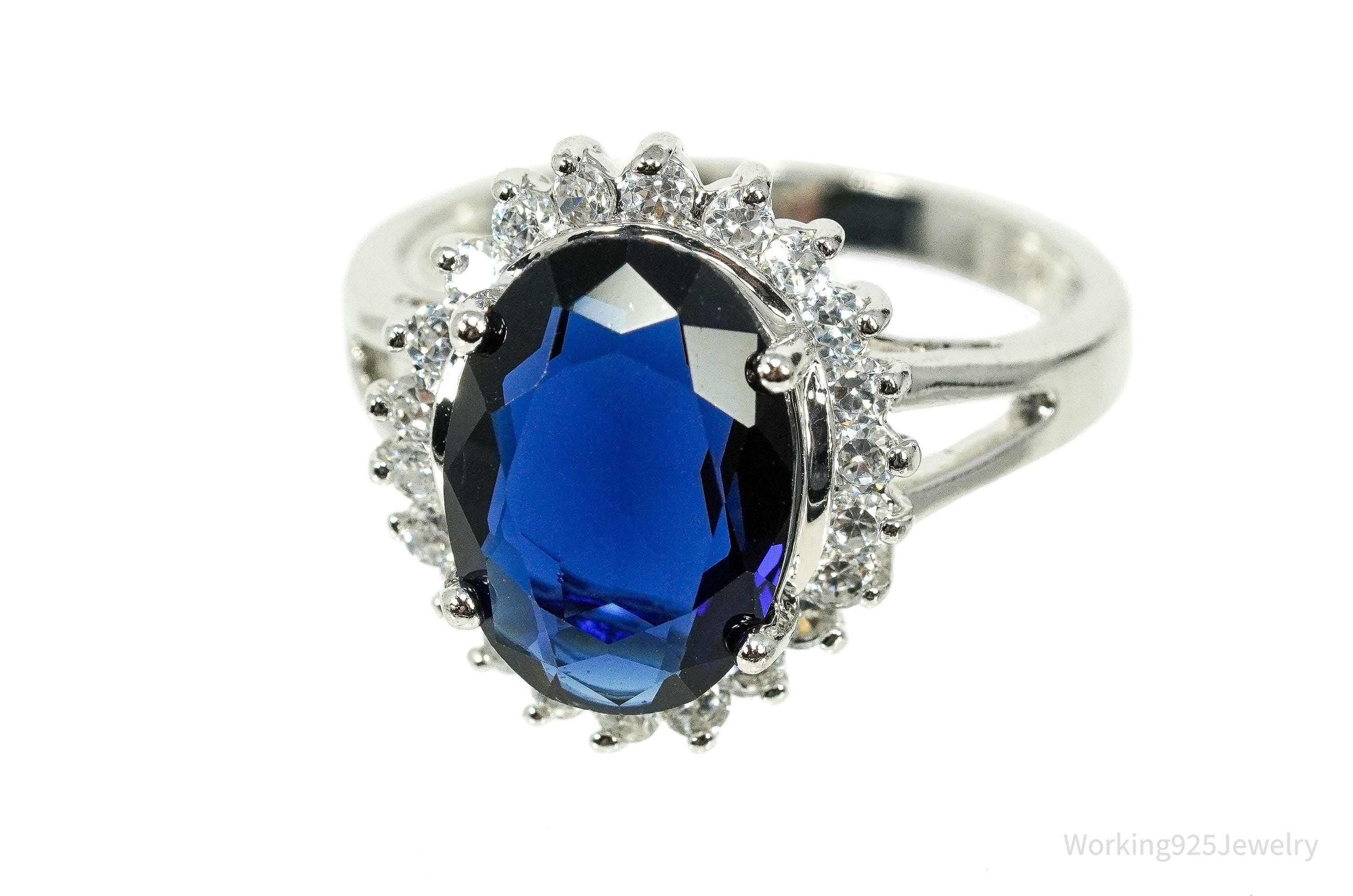 Vintage Avon RJ Simulated Blue Sapphire & Cubic Zirconia Sterling Silver Ring Size 10