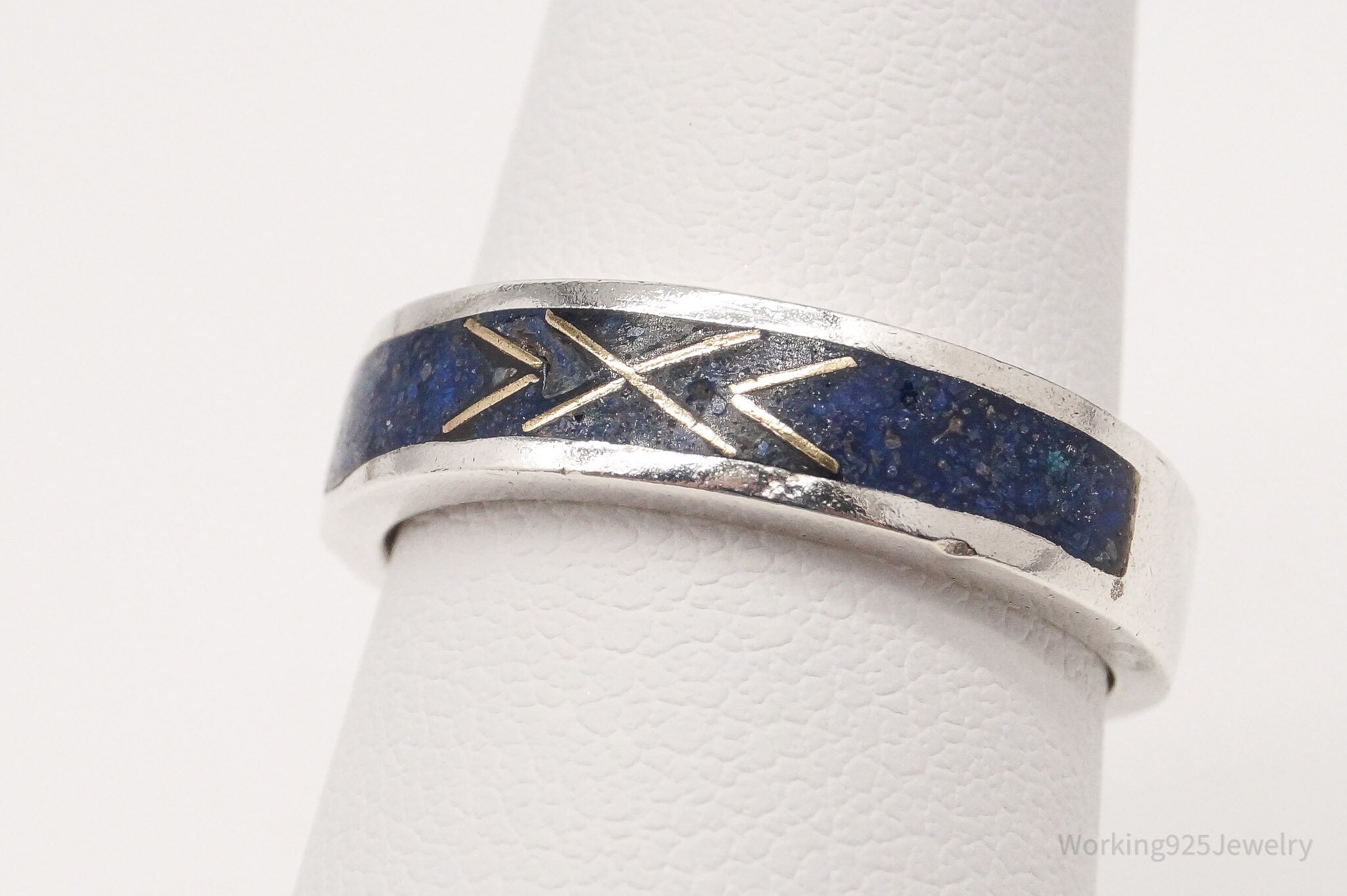 Vintage Native American Lapis Lazuli Inlay Gold Silver Ring Size 6.75