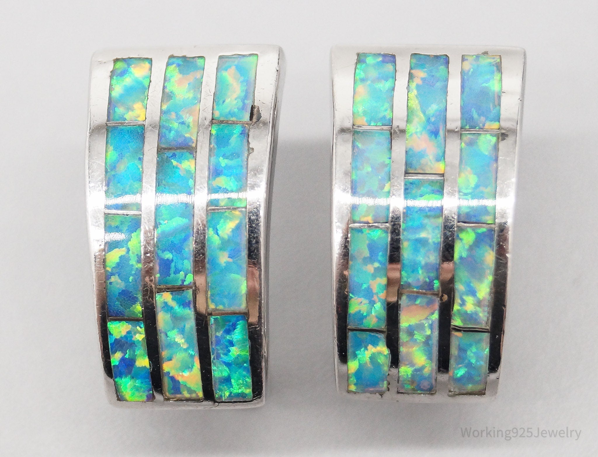 Vintage Opal Inlay Sterling Silver Omega Back Hoop Earrings