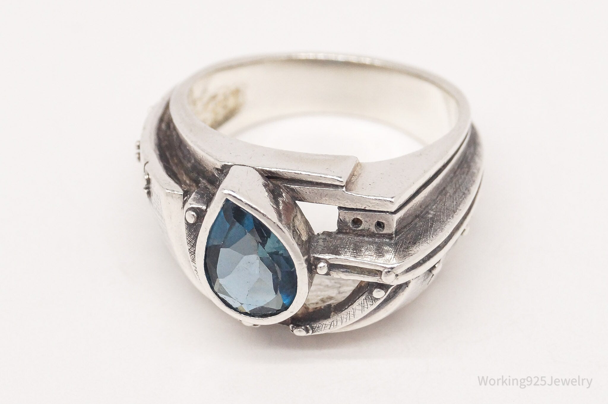 Futuristic Cyberpunk Modernist Style London Blue Topaz Silver Ring - Size 6