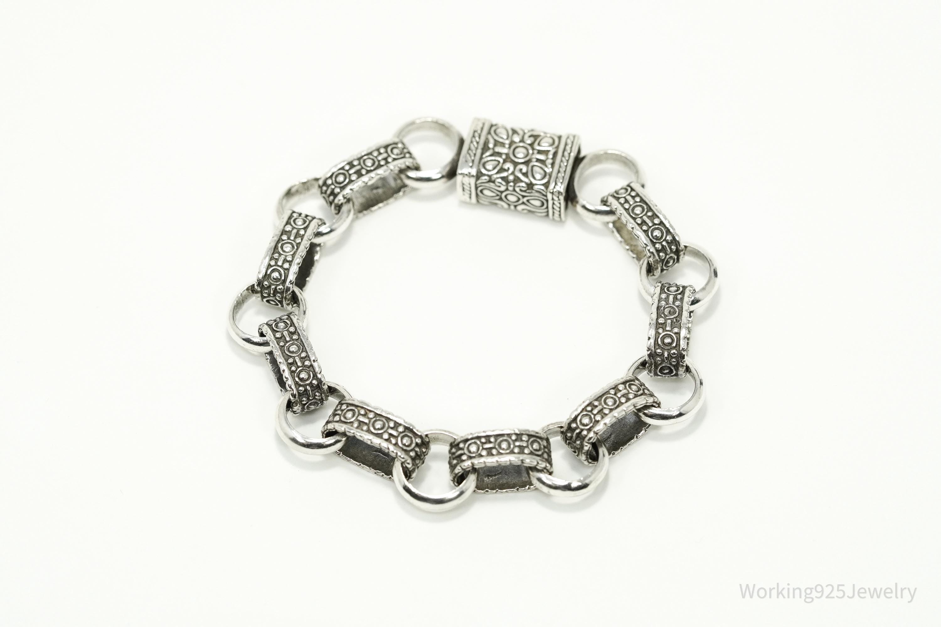 Vintage Ornate Filigree Design Large Link Silver Chain Bracelet 8"