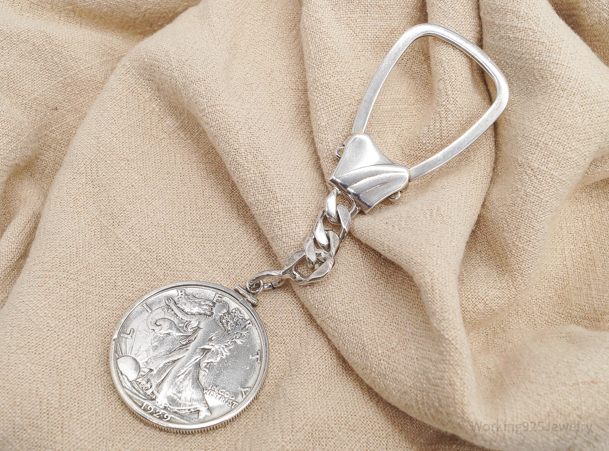 Vintage 1929 Walking Liberty Half Dollar Coin Sterling Silver Keychain