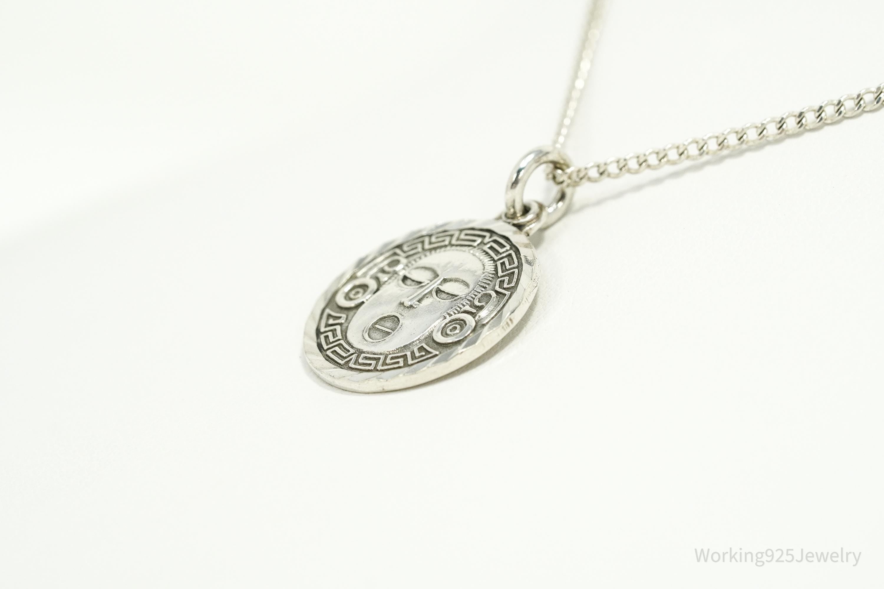 Vintage Mexico Mayan Medallion God 950 Silver Necklace 18"