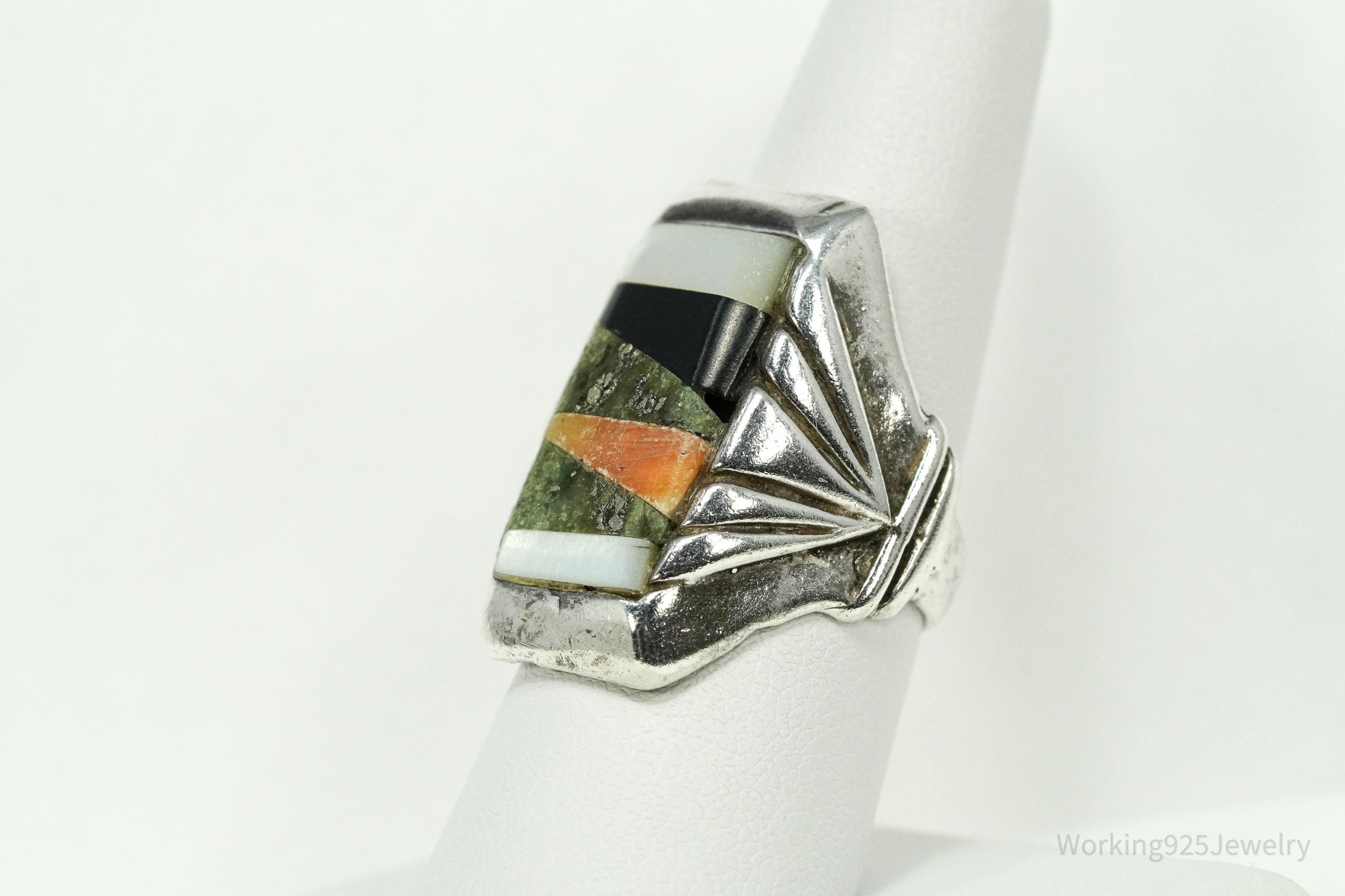 Vintage Handmade Native American Multi Gem Inlay Silver Ring - Size 8.5