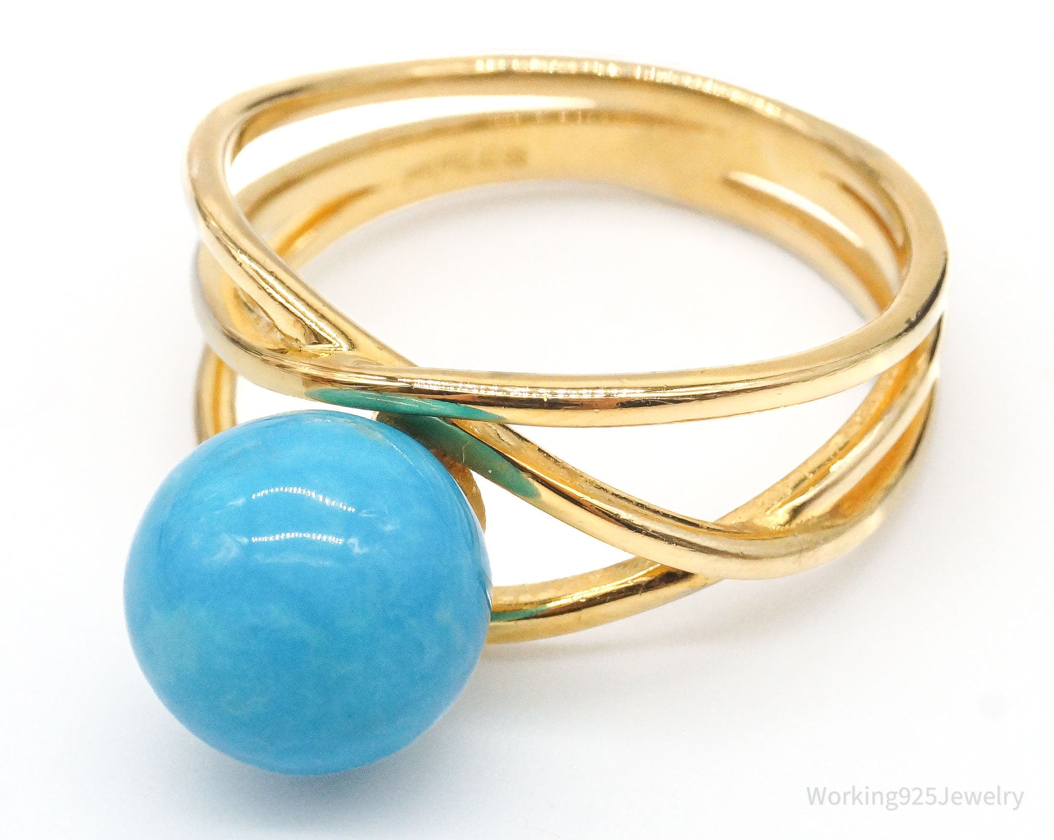 Designer TF Turquoise 18K Gold Over Sterling Silver Ring - Size 8.75