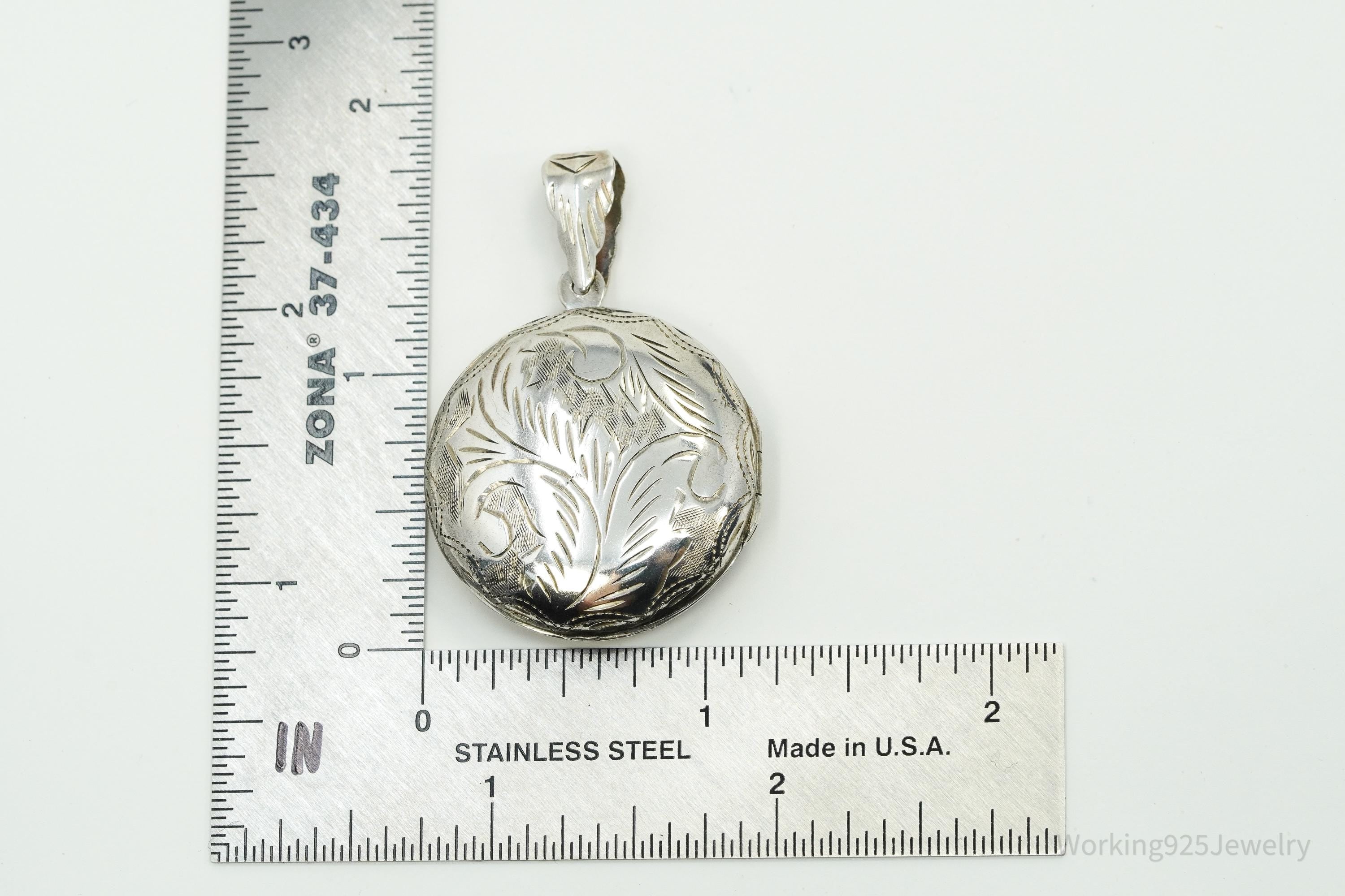 Vintage Round Etched Locket Sterling Silver Charm Pendant