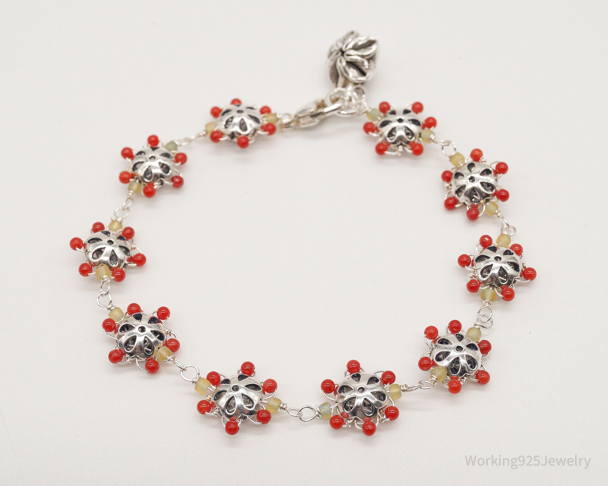 Vintage Intricate Glass Beads Flowers Sterling Silver Bracelet