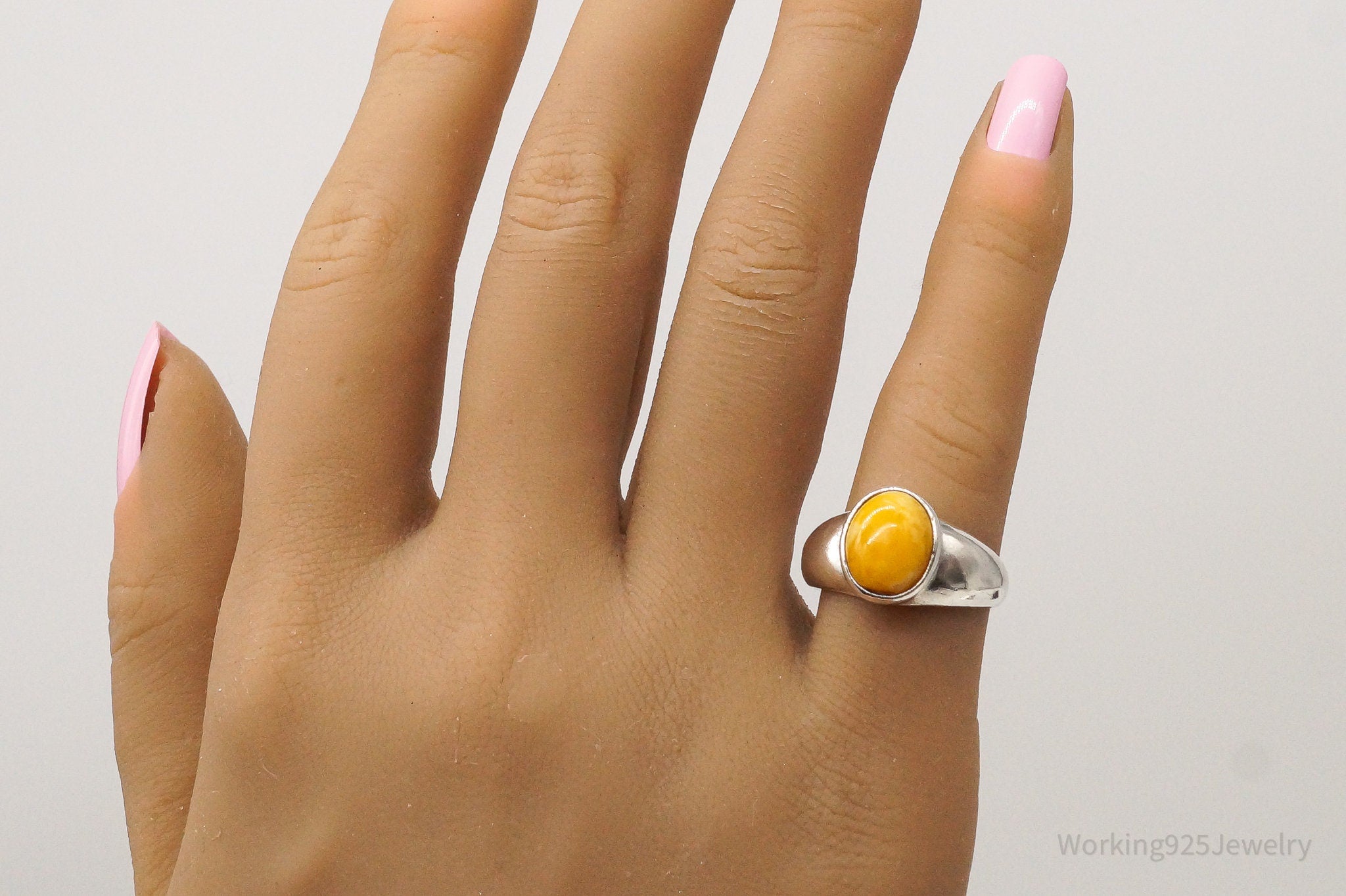 Vintage Yellow Amber Sterling Silver Ring - Size 6.5