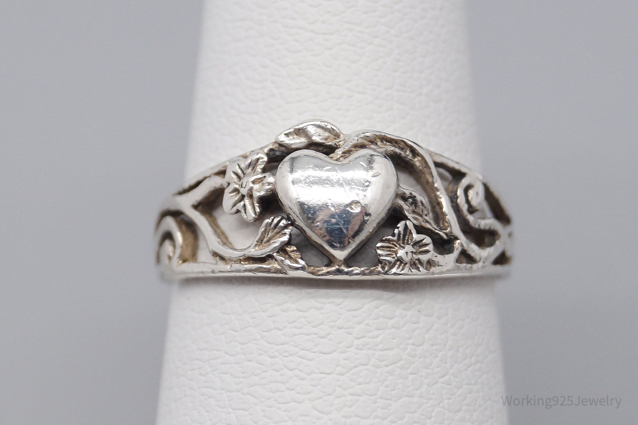 Vintage Heart & Flower Vines Sterling Silver Ring - Size 6