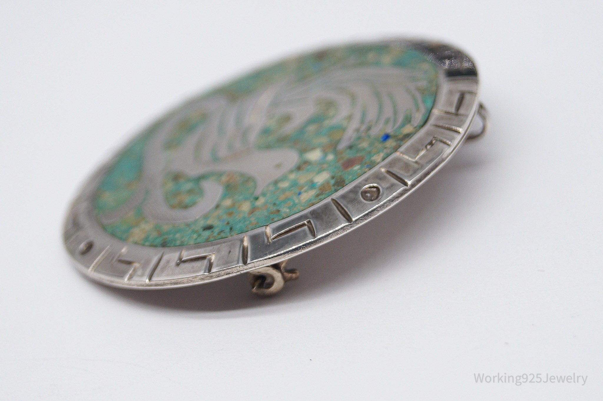 Vintage Large Mexico Gem Inlay Sterling Silver Brooch Pin Pendant 2"