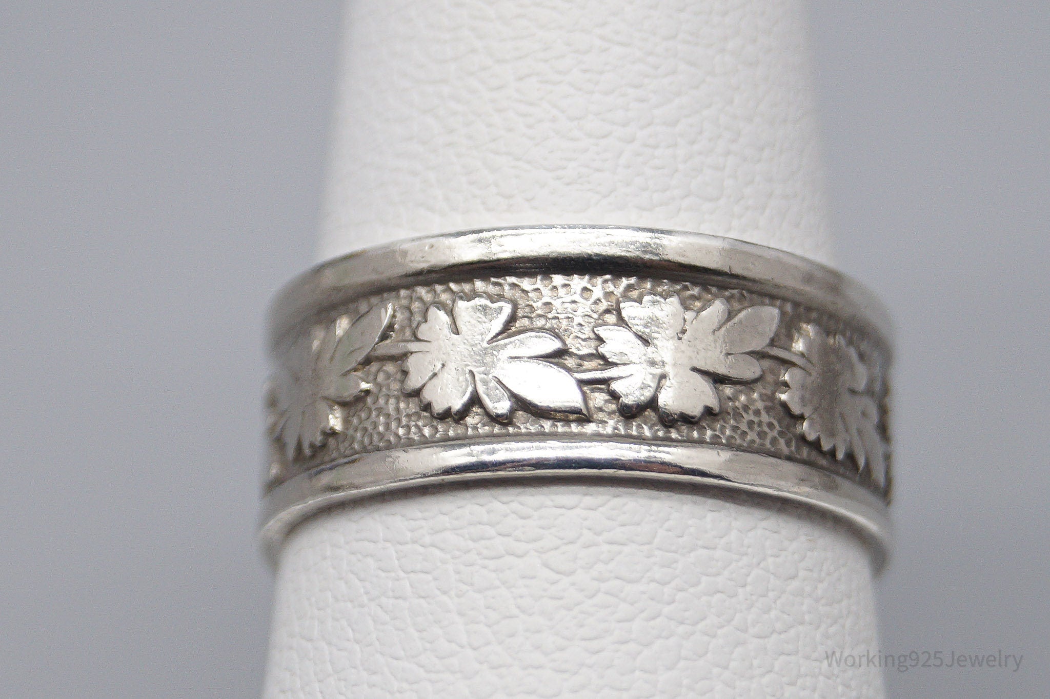 Vintage ESPO Leaves Pattern Sterling Silver Band Ring - Size 7.25