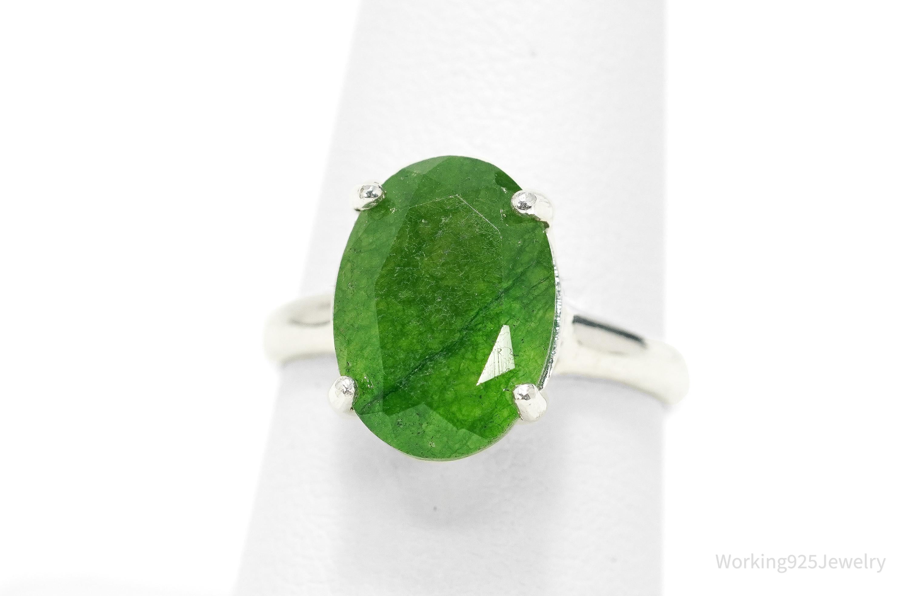 Vintage Oval Solitaire Emerald Sterling Silver Cocktail Ring – Size 7.25