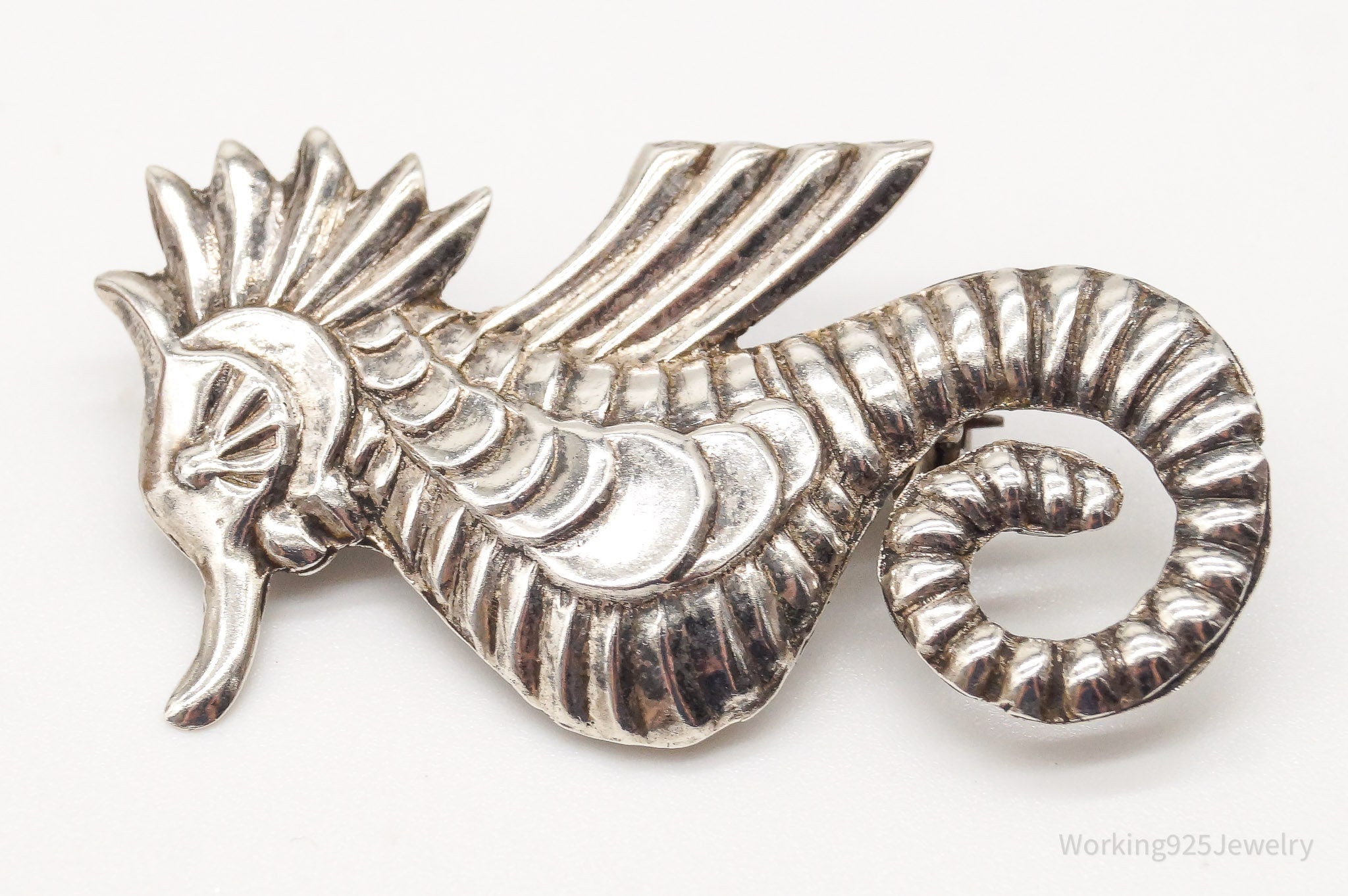 Vintage Mexico Artisan JE Large Seahorse Sterling Silver Brooch Pin