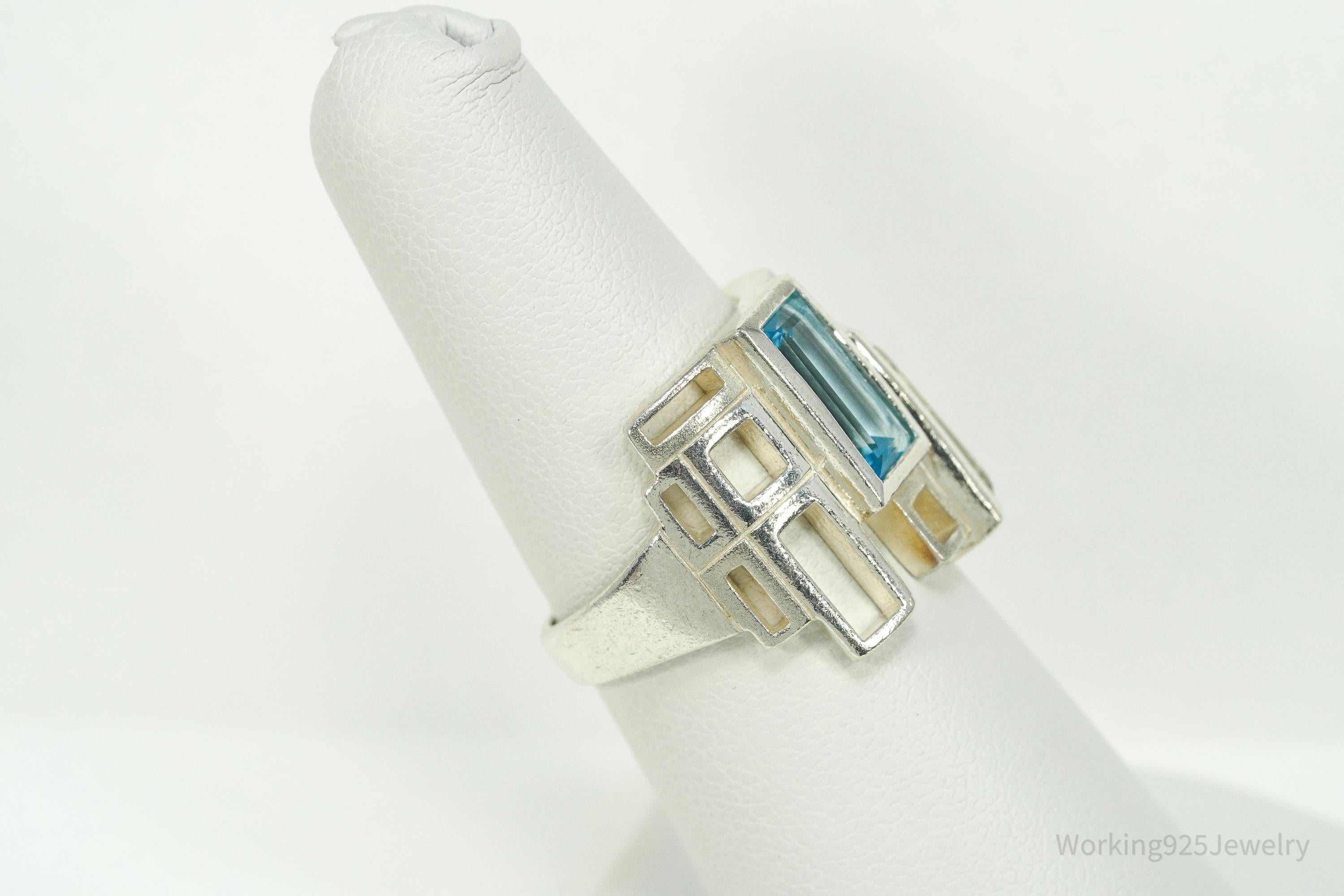 Vintage Green Amethyst & Blue Topaz Modernist Style Sterling Silver Irish Ring - Size 7.25