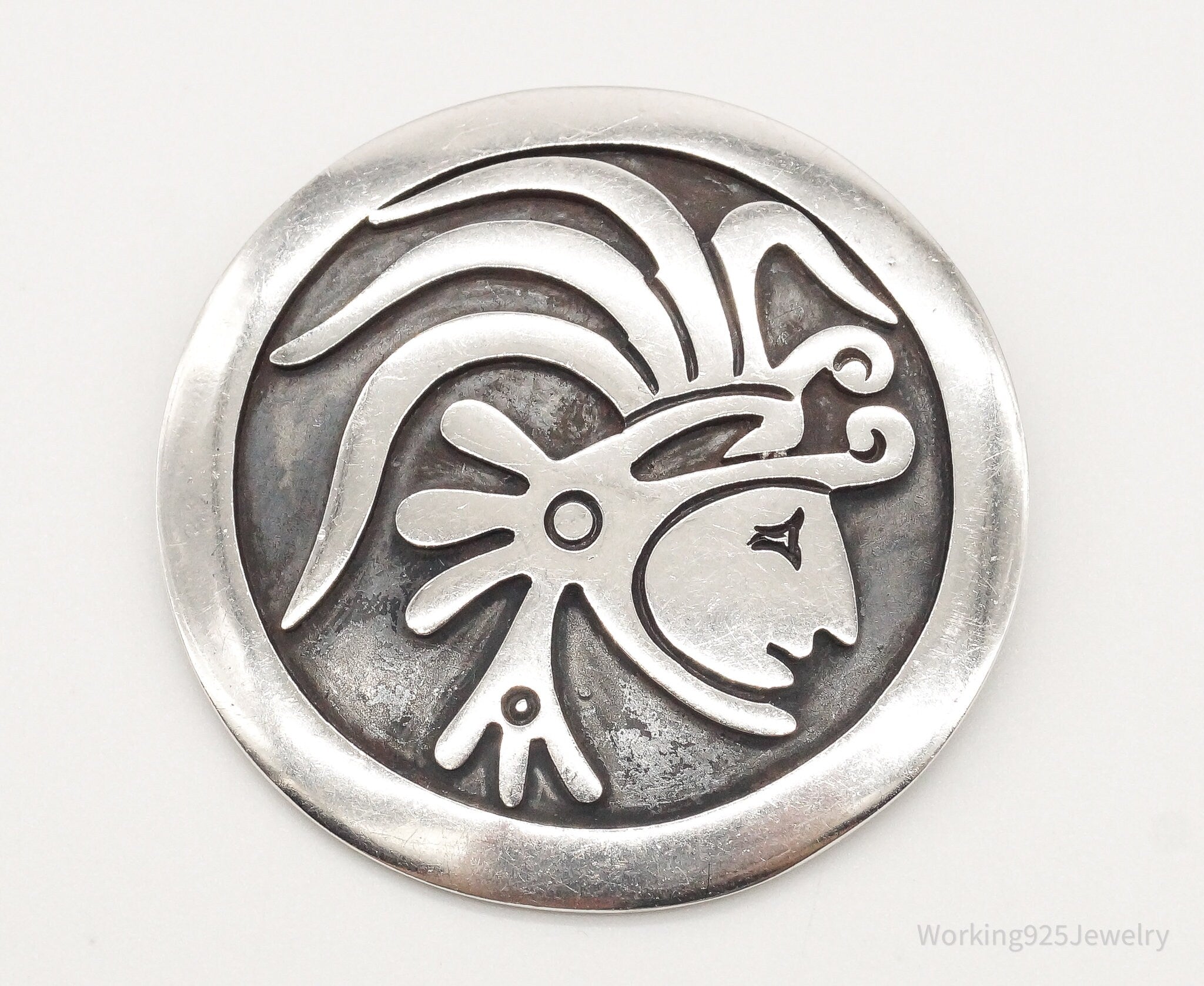 Vintage Large Mexico Mayan Aztec Warrior Sterling Silver Brooch Pin Pendant