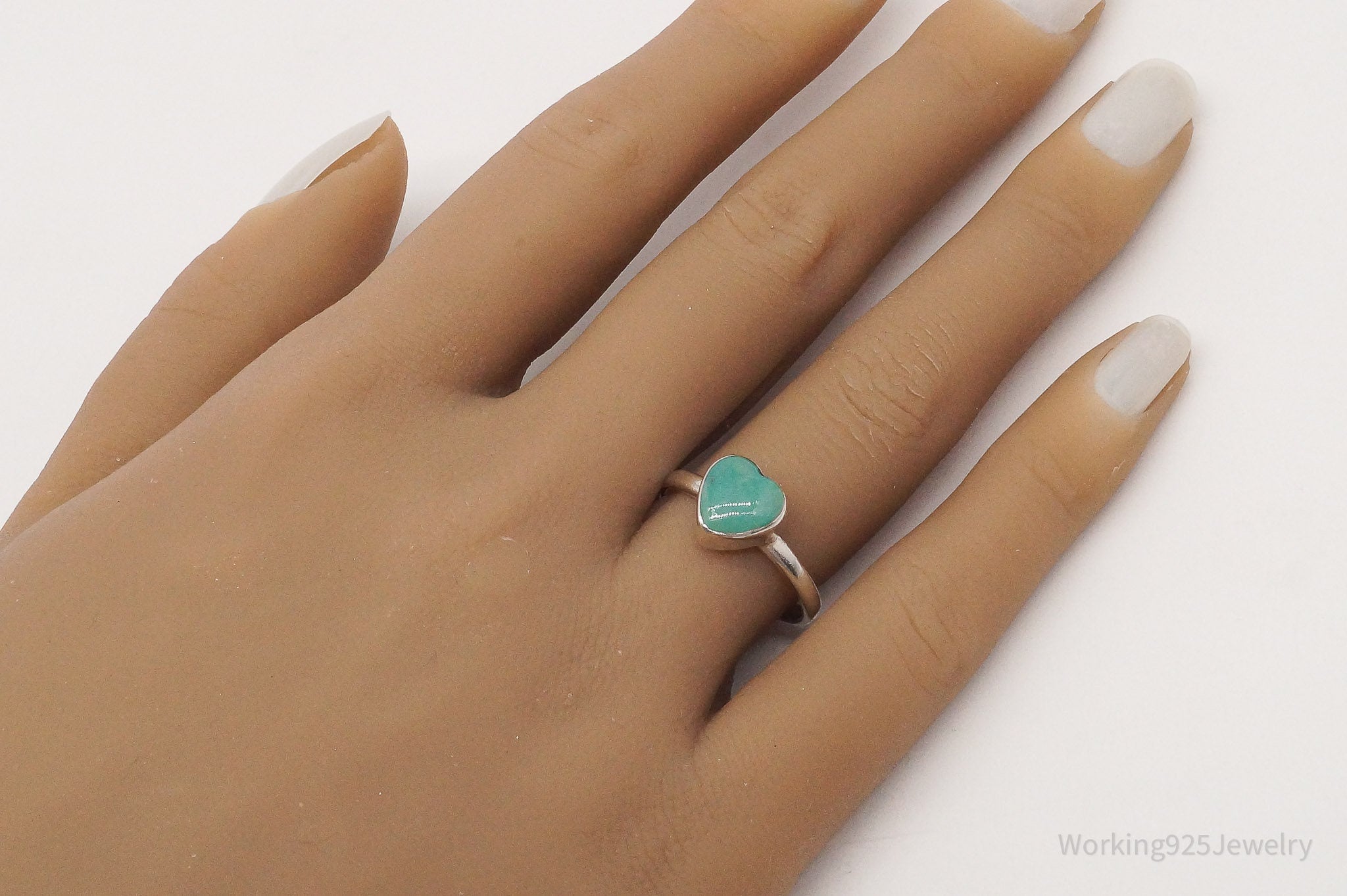 Vintage Turquoise Heart Sterling Silver Ring - Size 8