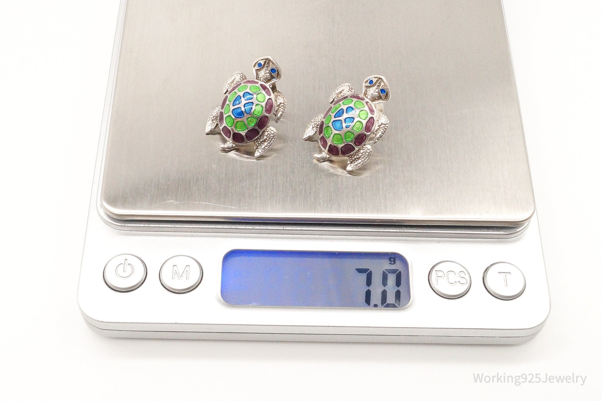 Vintage Enamel Sea Turtles 980 Silver Earrings