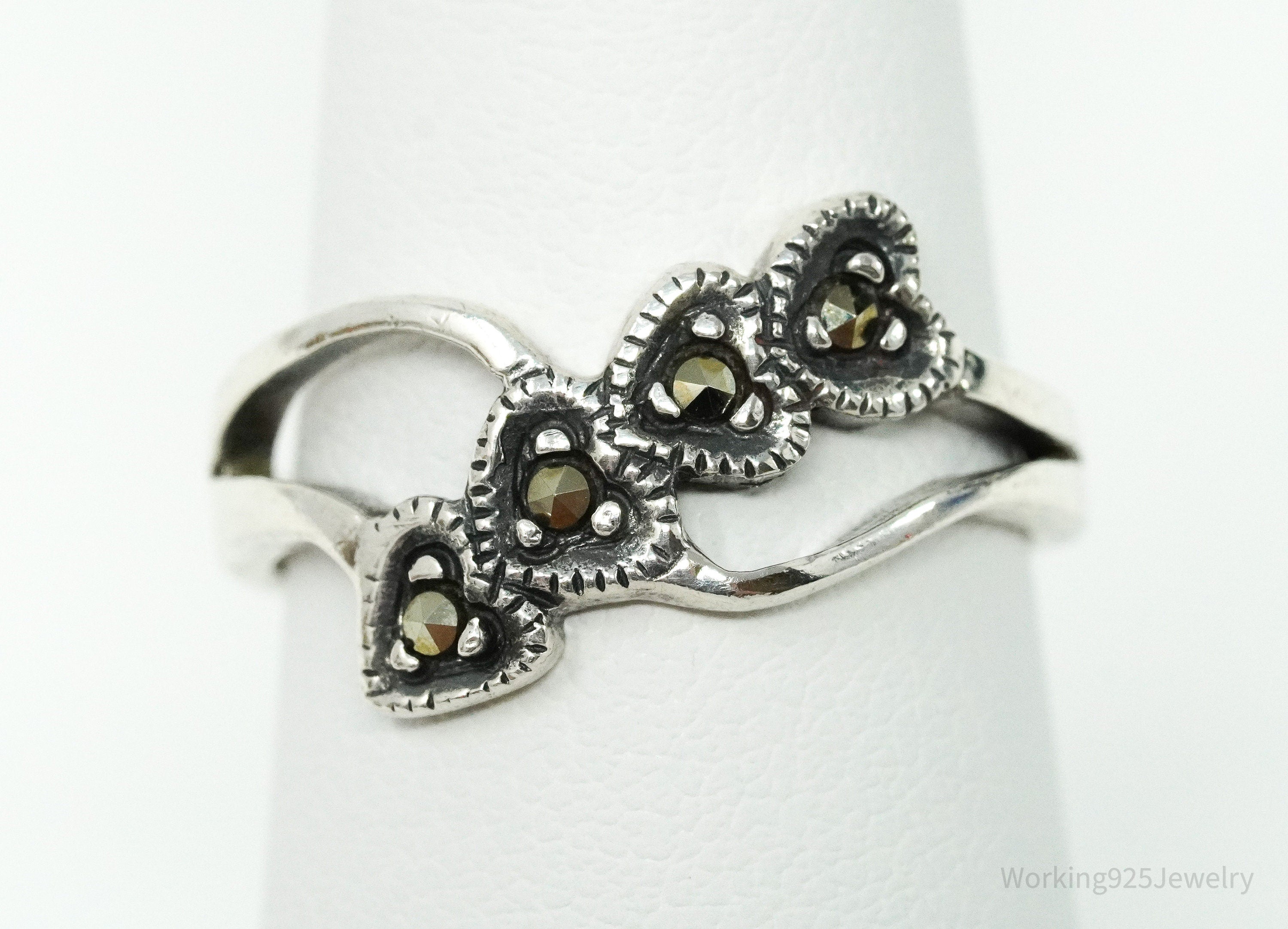Vintage Marcasite Hearts Sterling Silver Ring - Size 6.75
