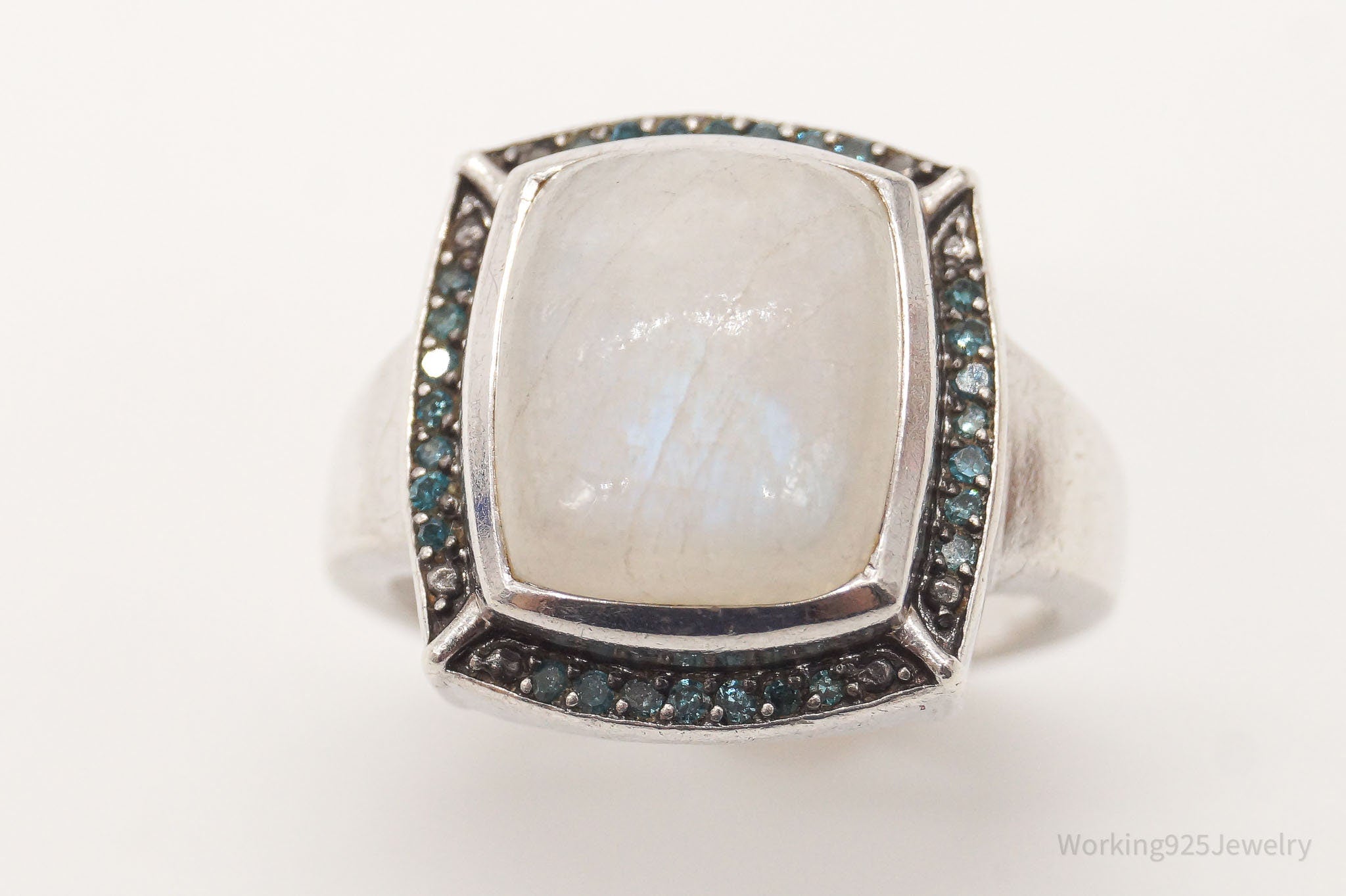 Vintage Moonstone Blue Diamond Sterling Silver Ring - Size 7