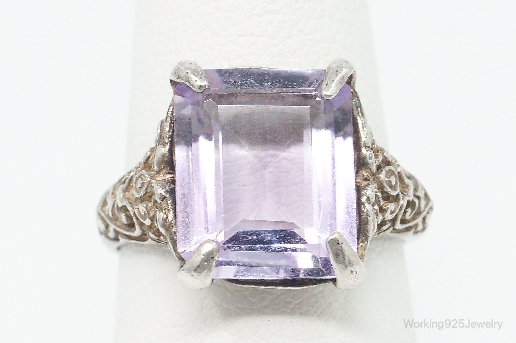 Vintage Large Amethyst Ornate Art Deco Sterling Silver Ring - Size 6.25