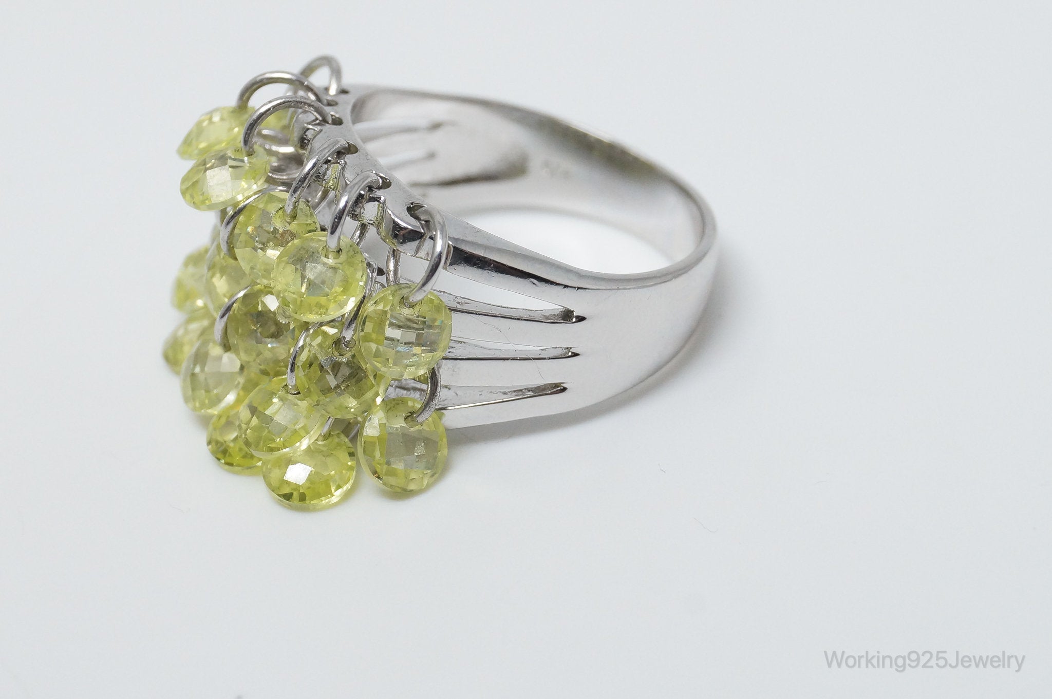 Vintage Peridot Dangling Gem Charms Sterling Silver Ring Size 10