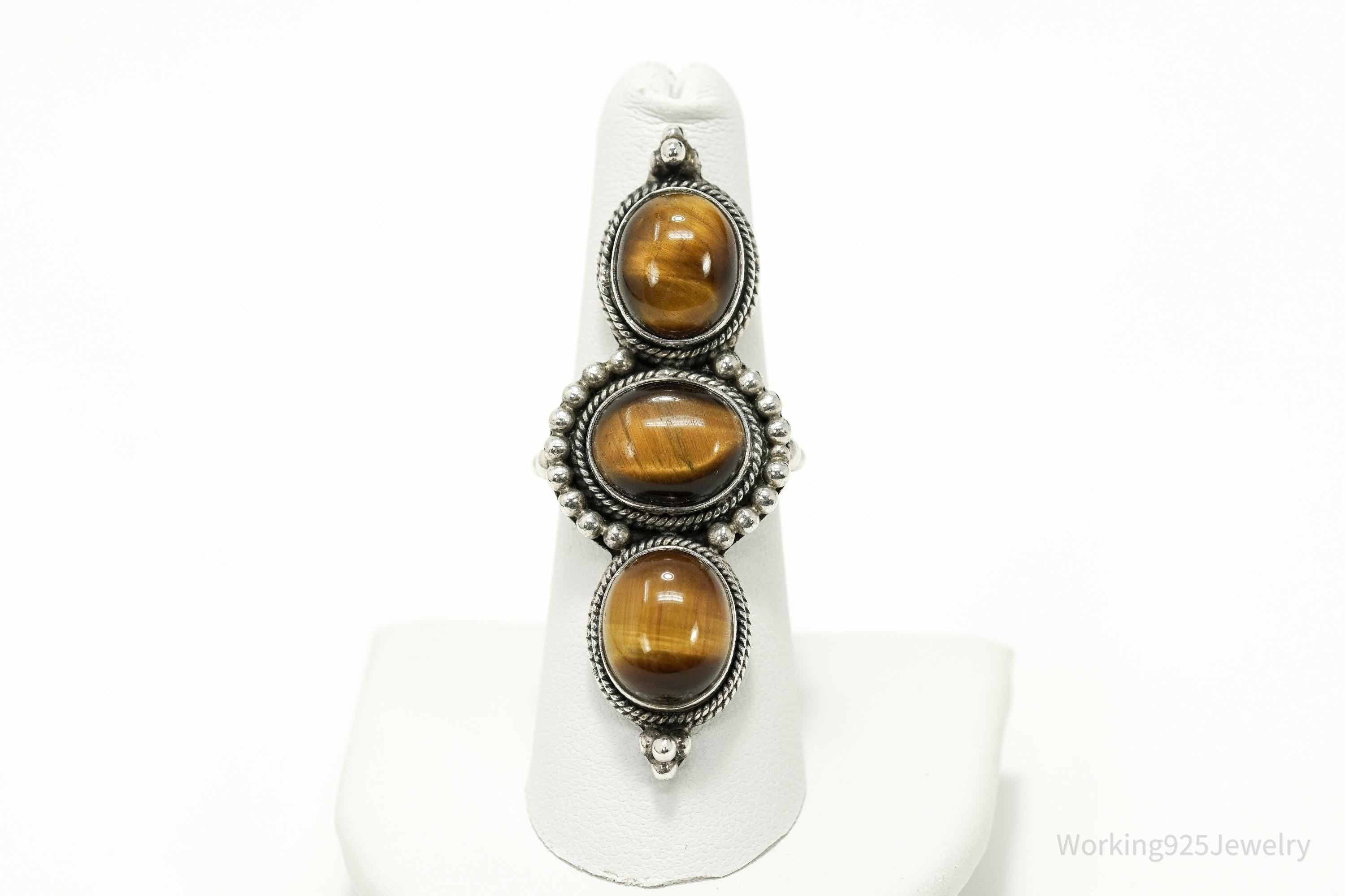 Vintage Boho Tiger’s Eye Sterling Silver Long Statement Ring – Size 7.25