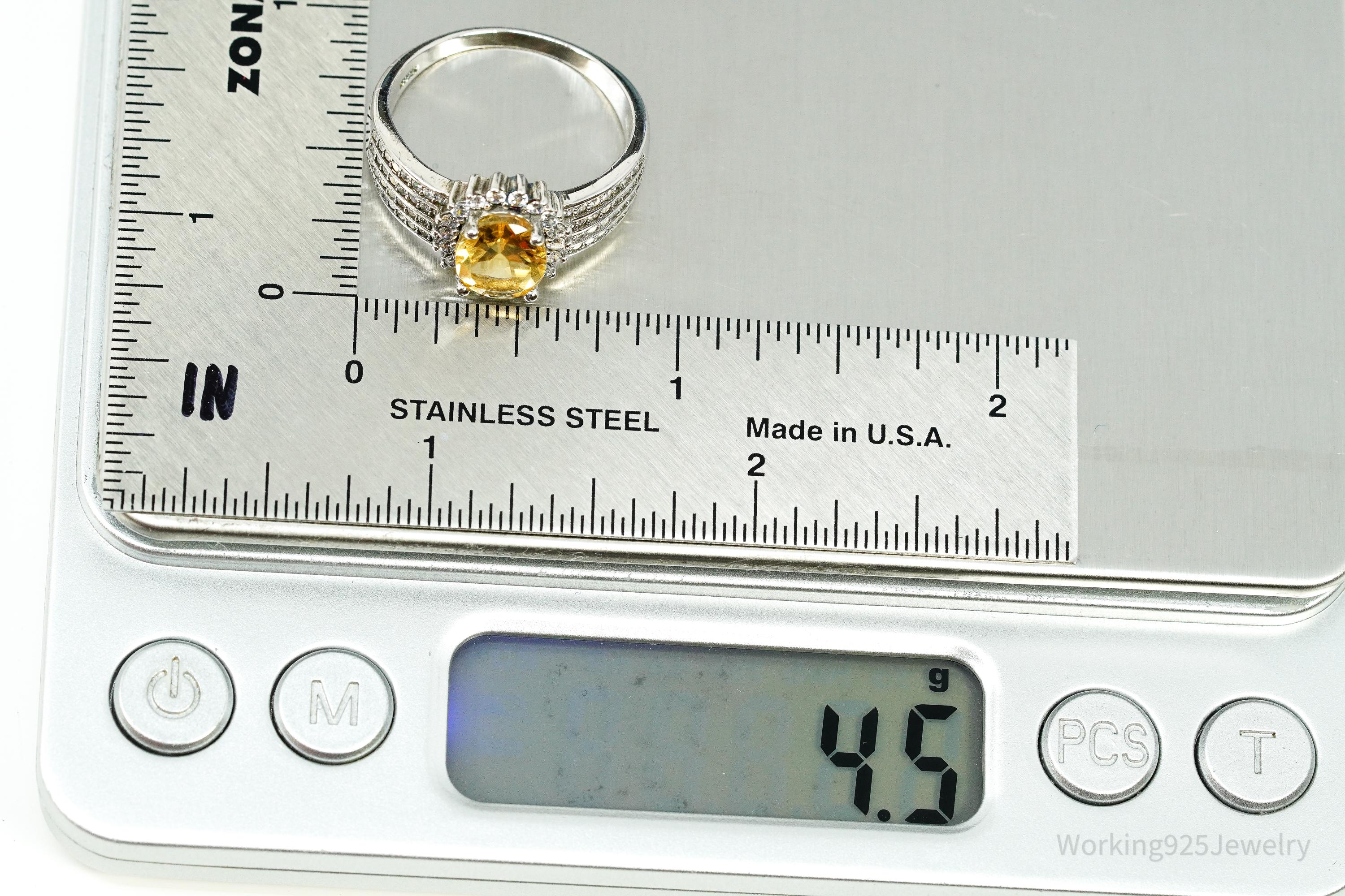 Vintage Citrine & Cubic Zirconia Sterling Silver Ring - Size 9