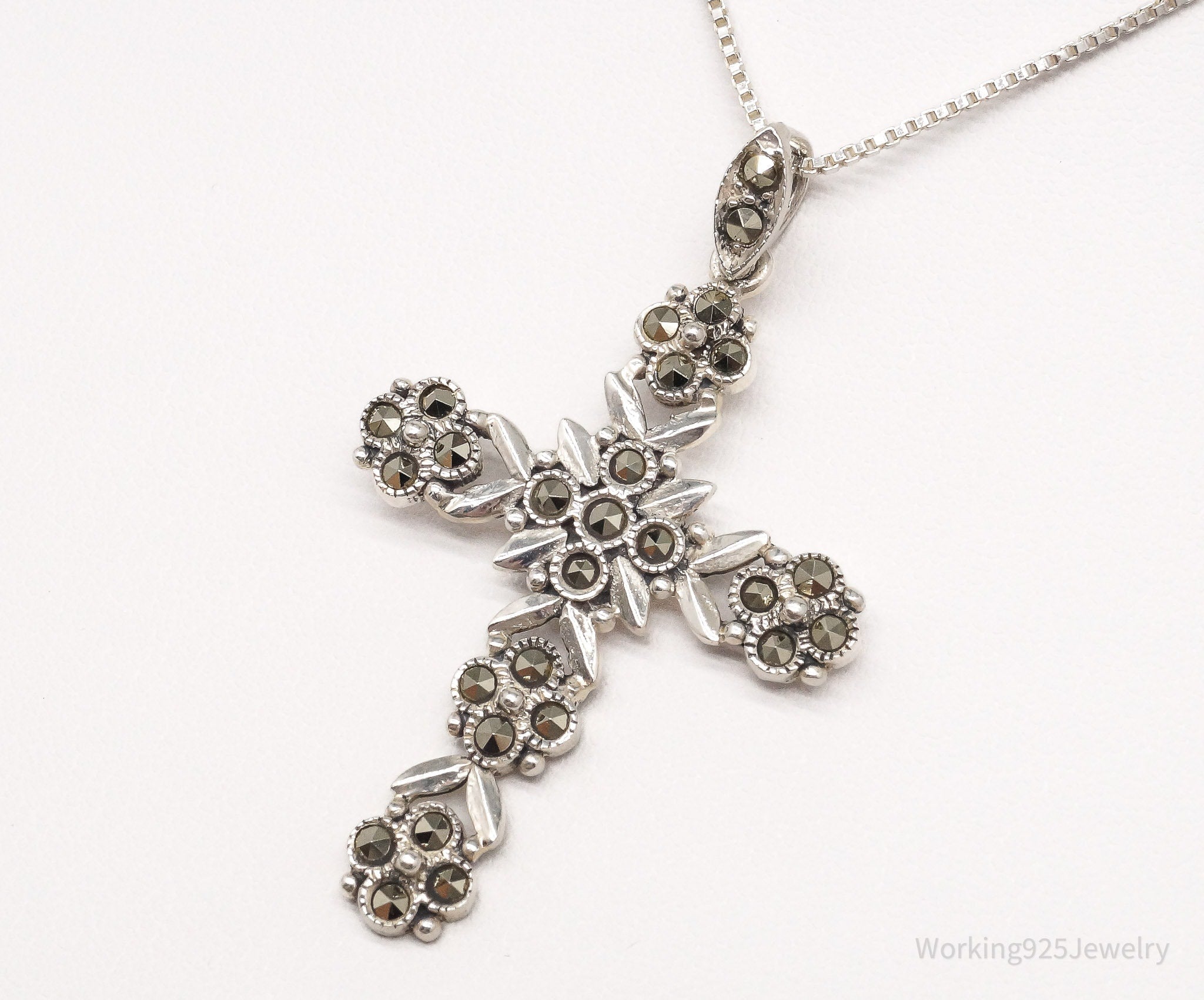 Vintage Large Marcasite Cross Sterling Silver Necklace 18"