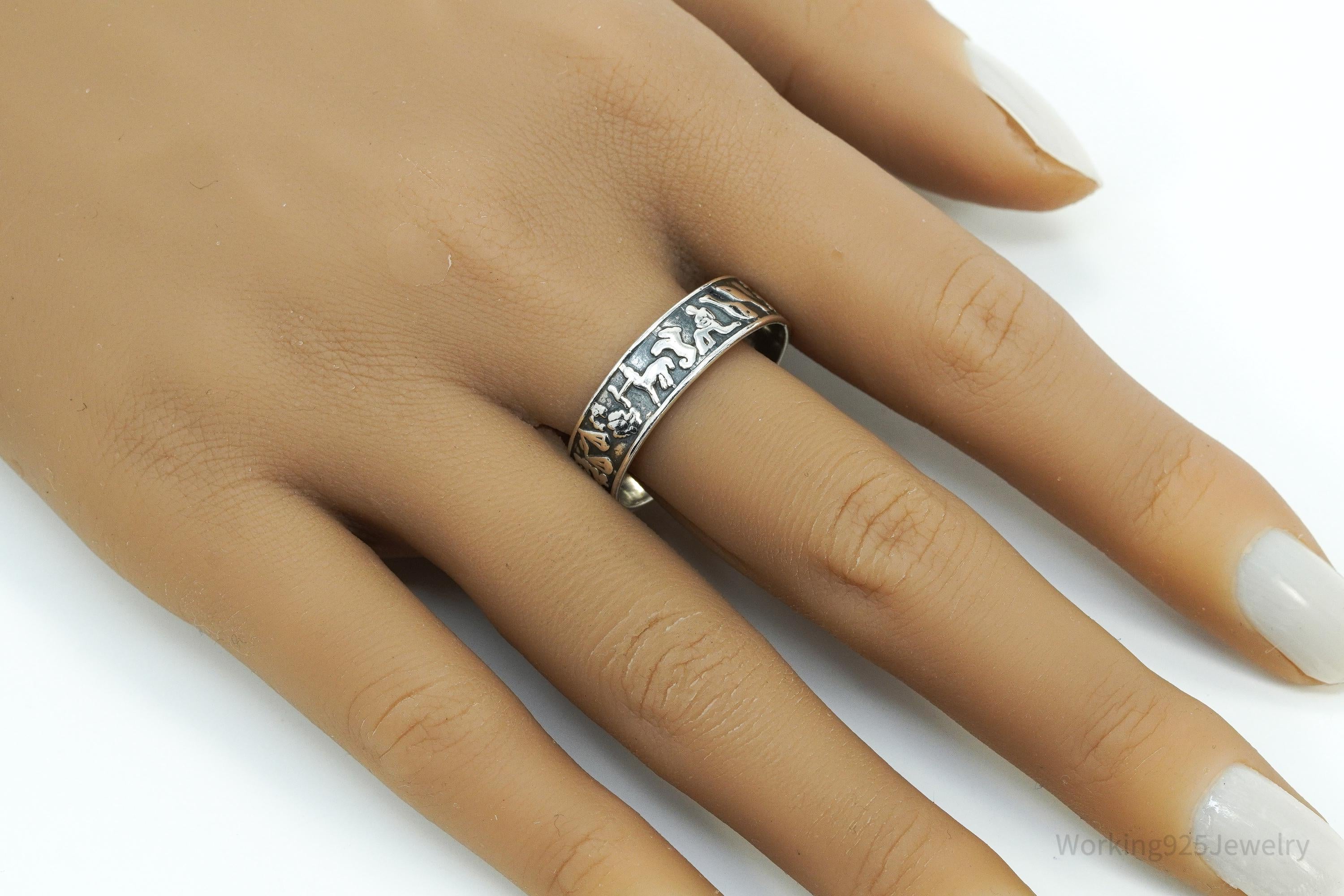 Vintage Astrology Signs Sterling Silver Band Ring - Size 13.5