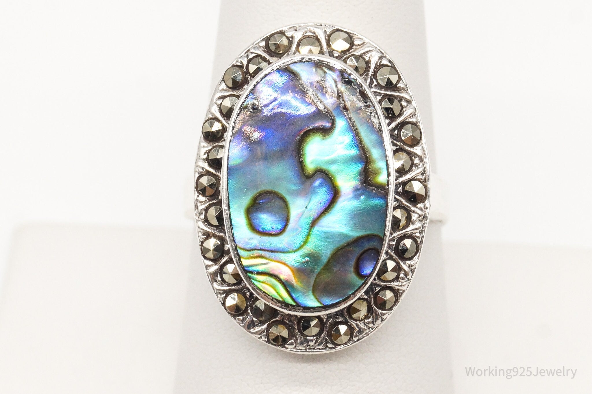 Vintage Paua Abalone Shell Marcasite Sterling Silver Ring - Size 8.5