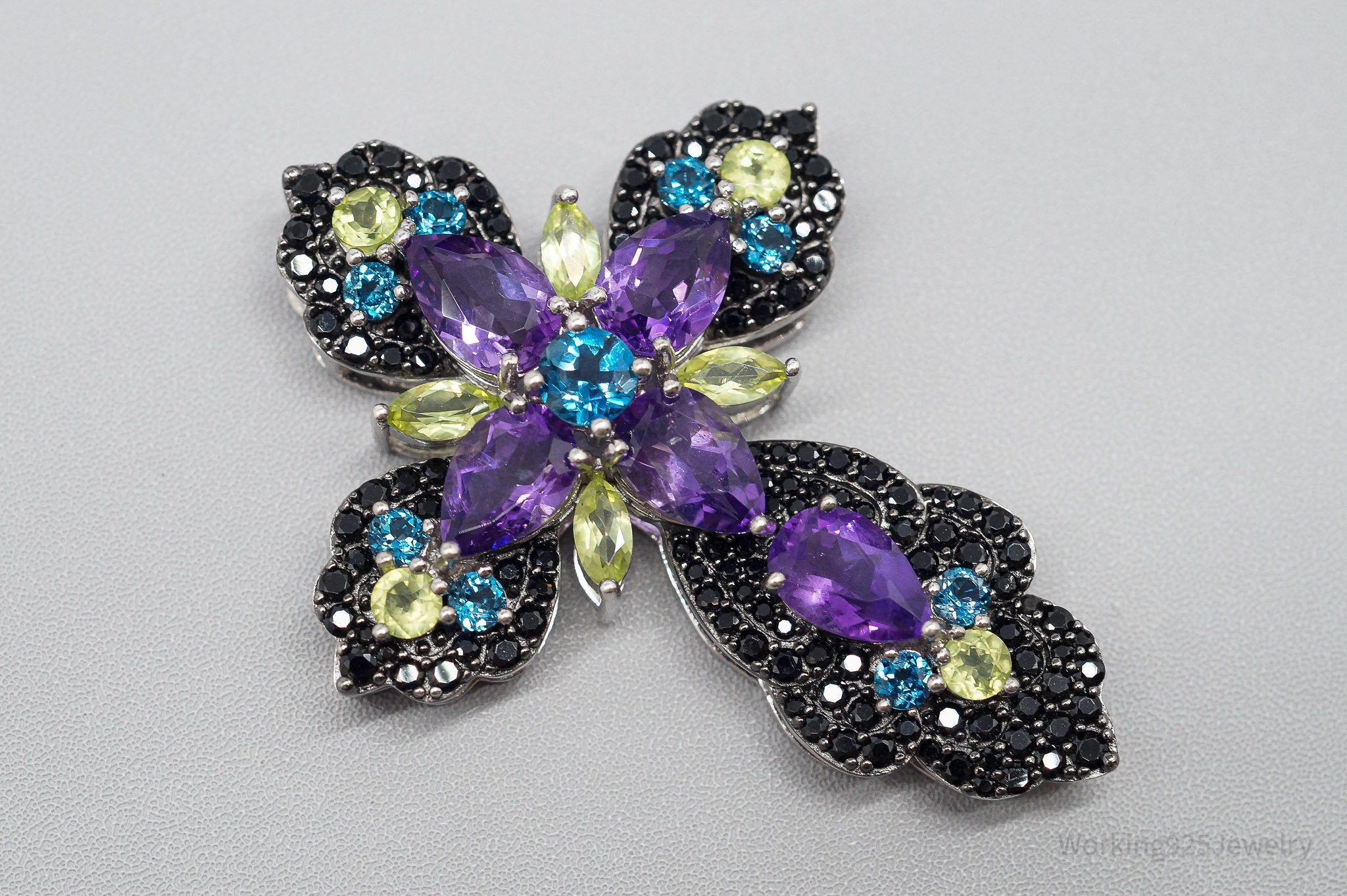 Large JTV DK Multi Gemstone Rhodium Over Sterling Silver Cross Pendant
