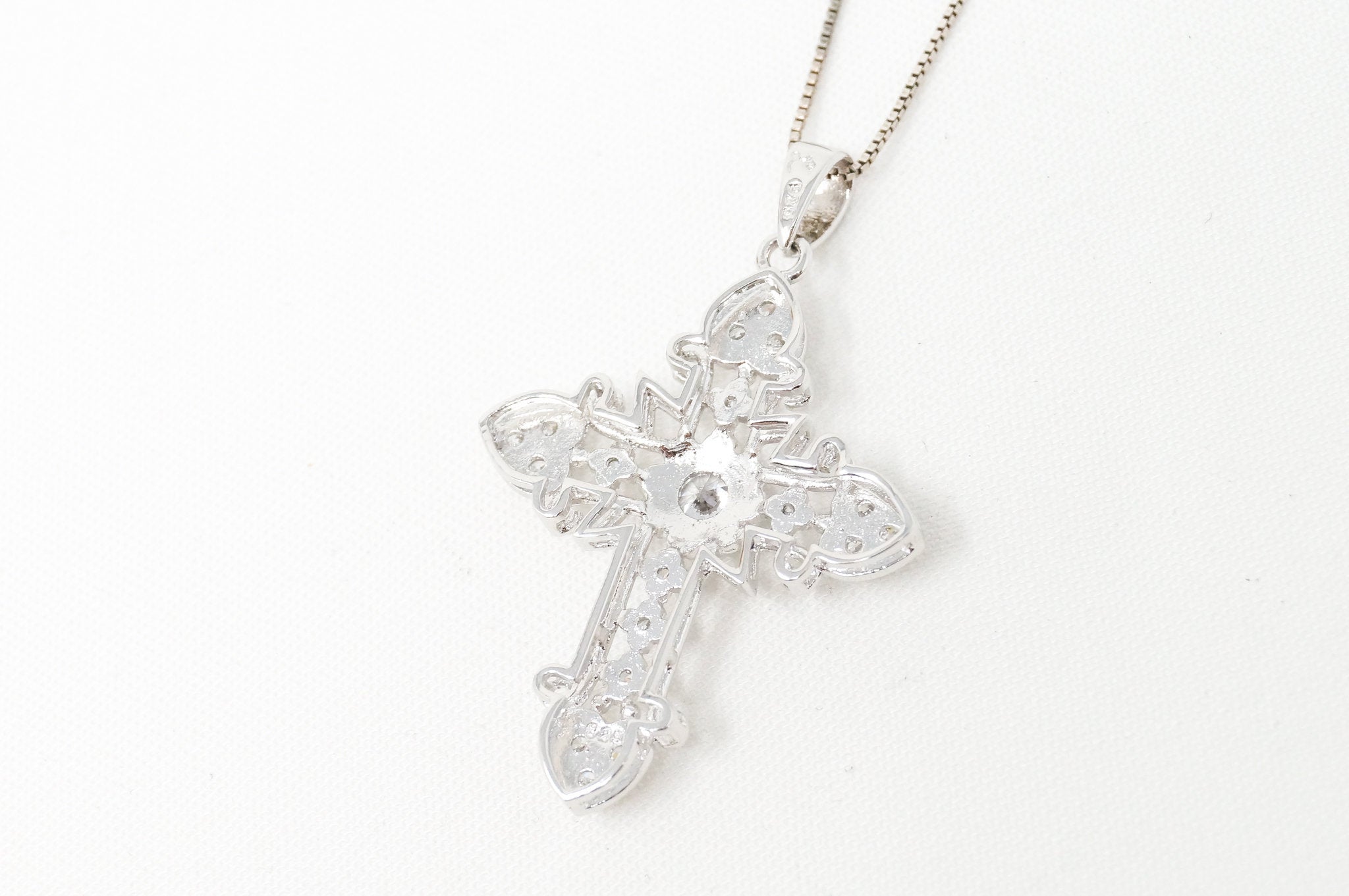 Vintage Cubic Zirconia Cross Heart Sterling Silver Pendant Necklace