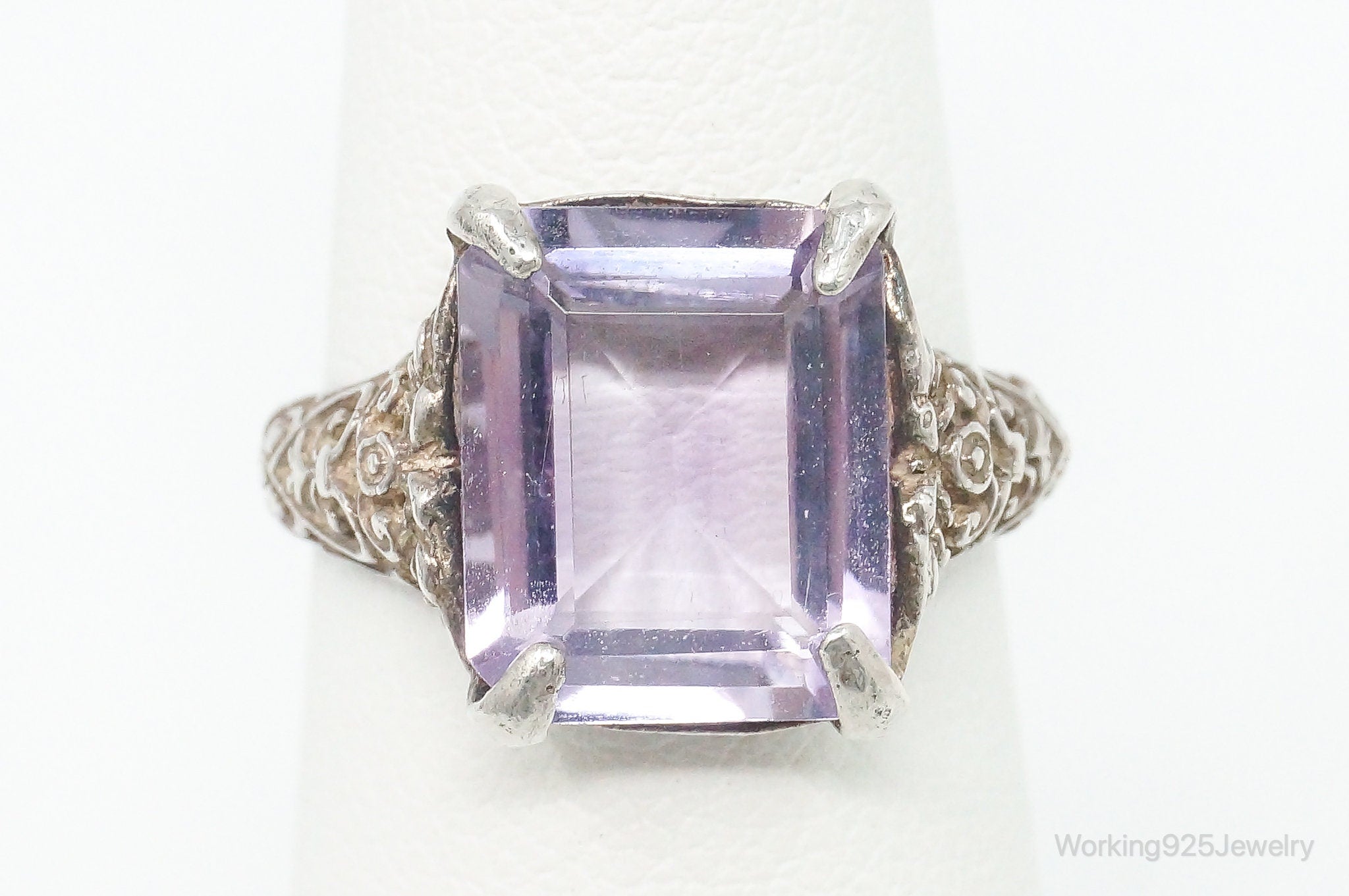 Vintage Large Amethyst Ornate Art Deco Sterling Silver Ring - Size 6.25