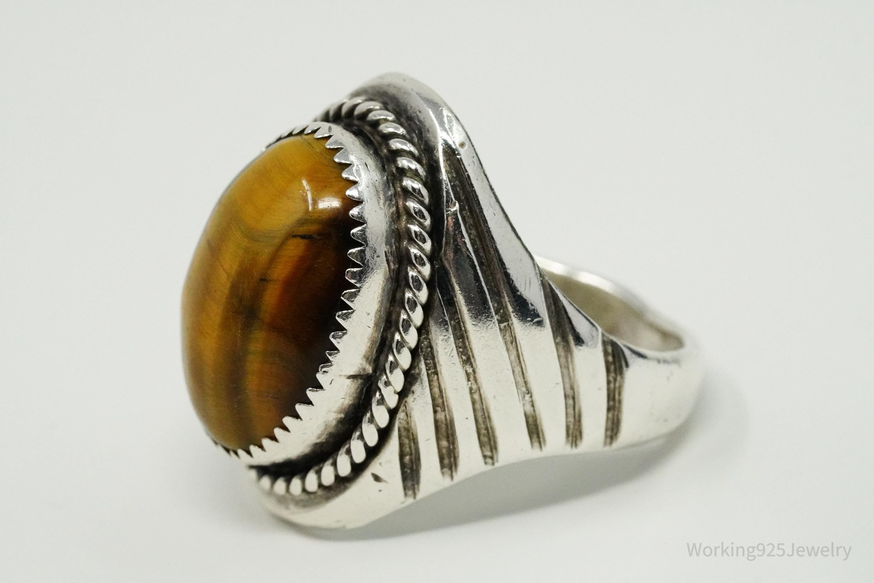 Vintage Native American Tiger's Eye Unsigned Silver Ring Size 12.25