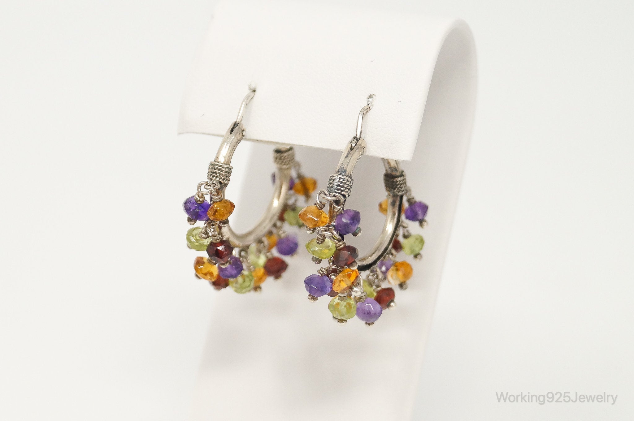 Vintage Multi Gemstone Beads Sterling Silver Hoop Earrings