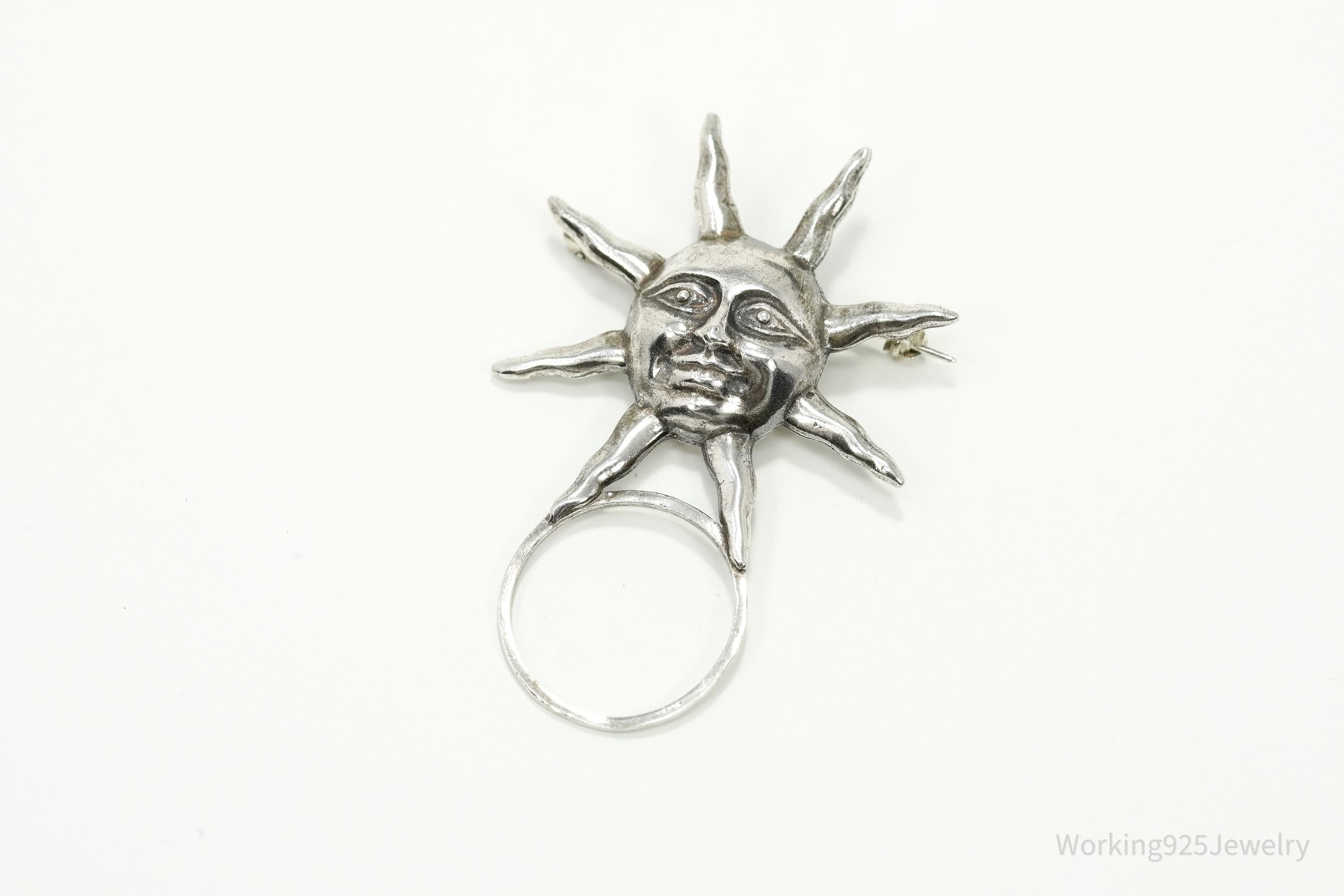 Vintage Large Sun Face Sterling Silver Pin Pendant 2.25"