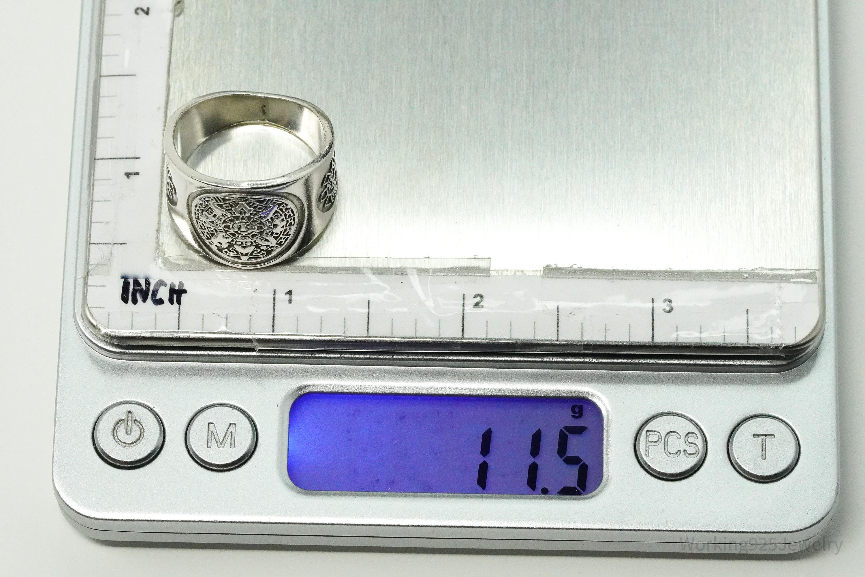 Vintage Aztec Mayan Sun Calendar Sterling Silver Ring Size 10