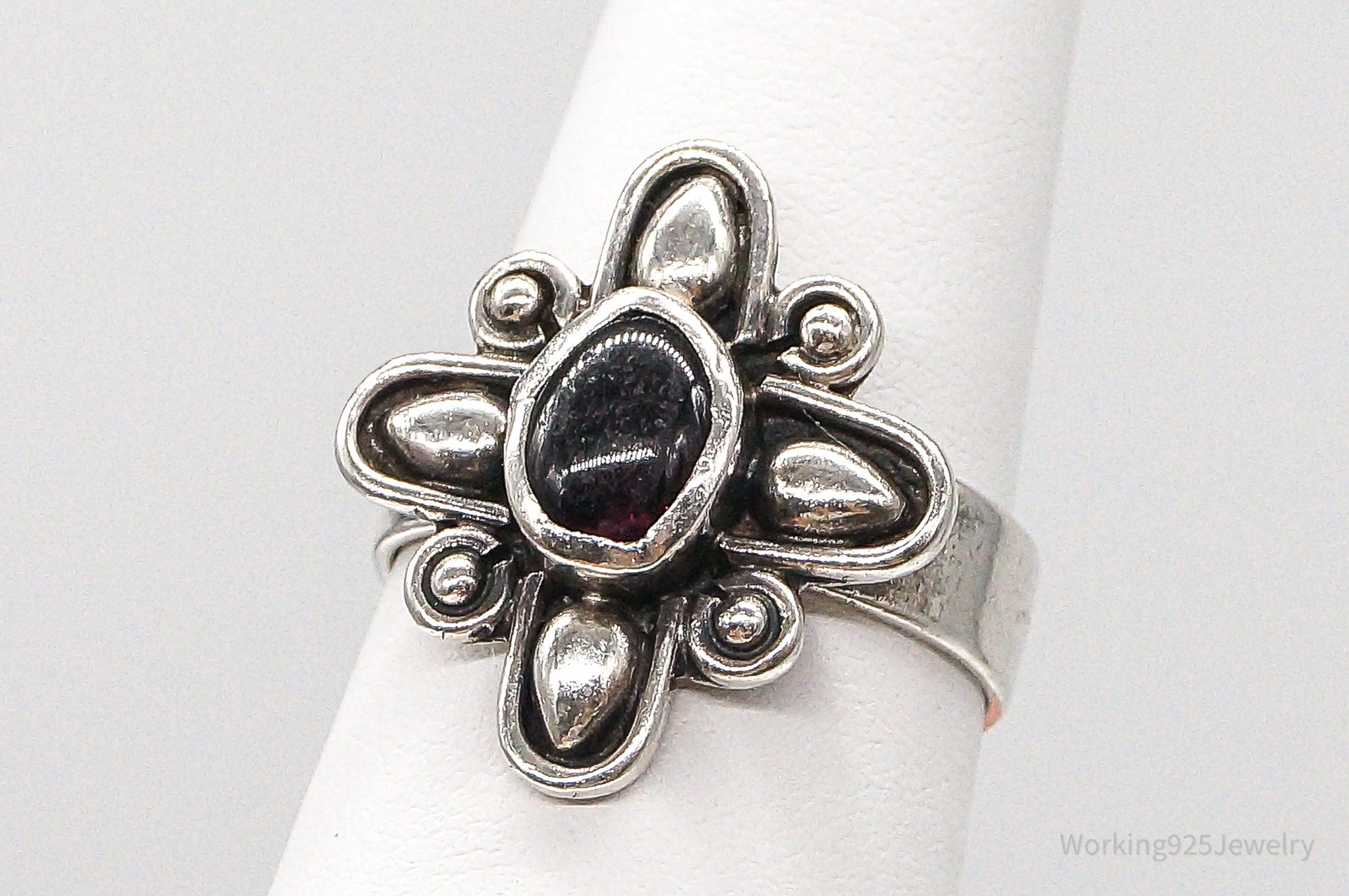 Vintage Rhodolite Garnet Bali Inspired Sterling Silver Ring Size 7