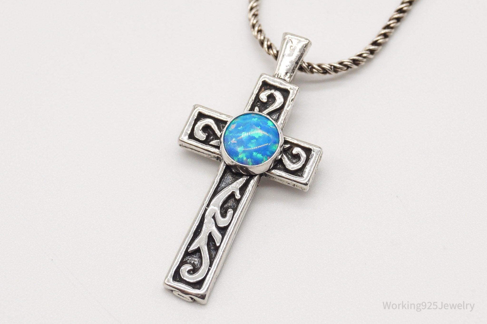 Vintage Blue Opal Sterling Silver Cross Necklace