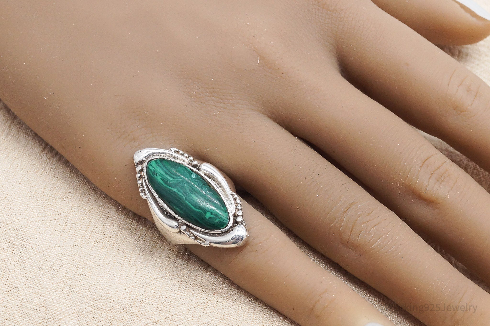 Vintage Malachite Sterling Silver Ring - Size 6.25