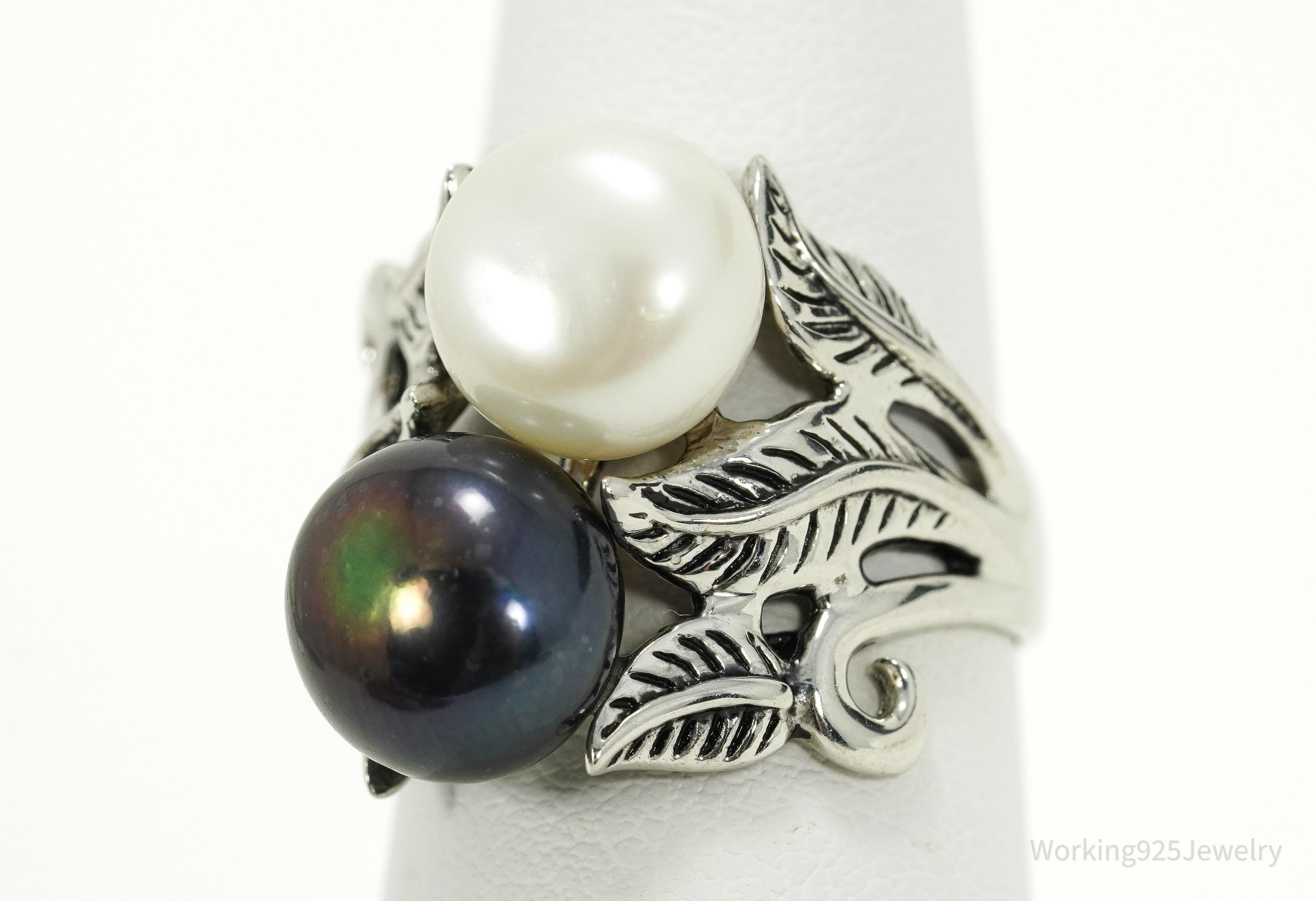 Vintage Designer CFJ White & Tahitian Pearl Sterling Silver Ring Size 7.25