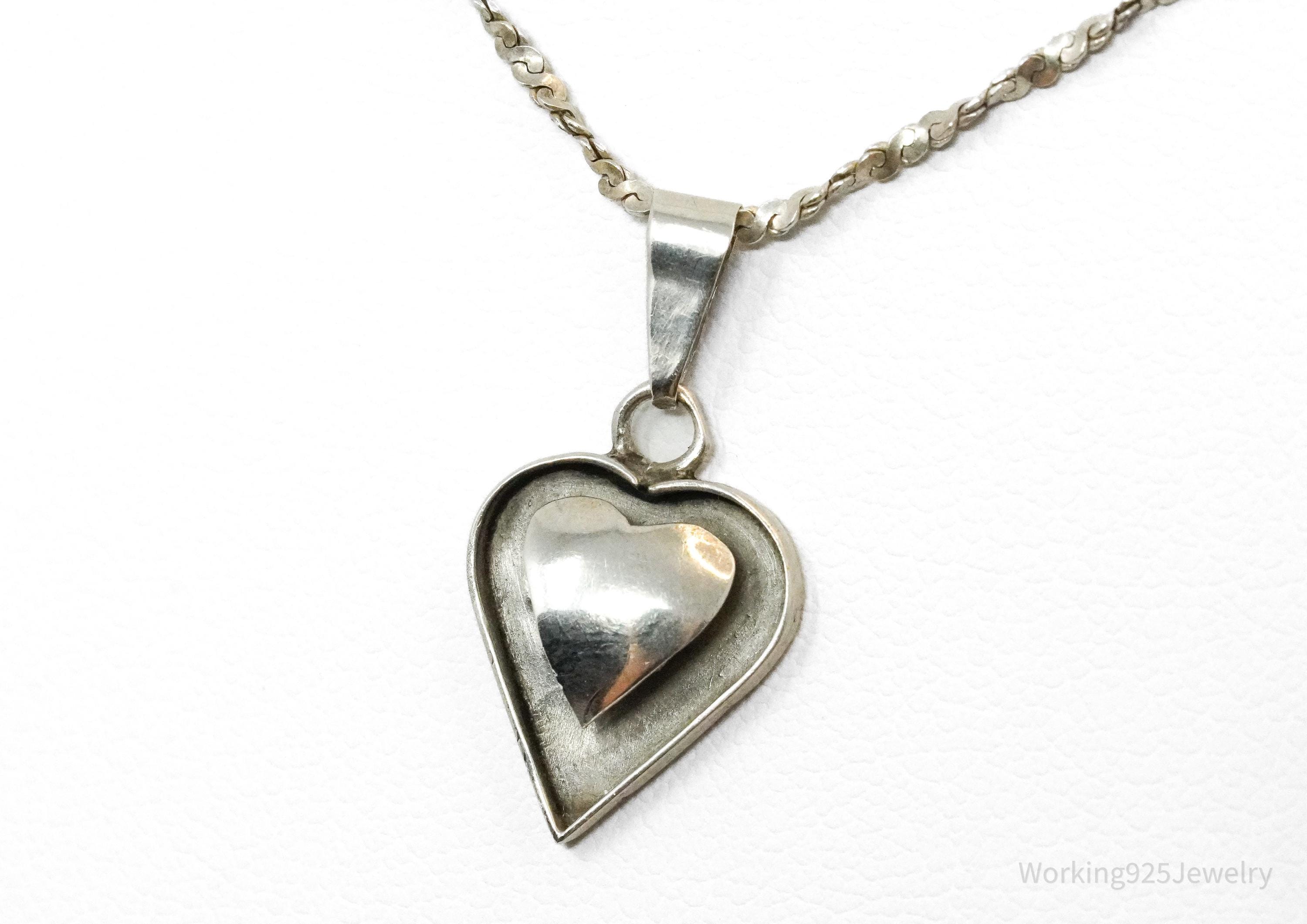 Vintage Mexico Modernist Heart Sterling Silver Necklace 20"