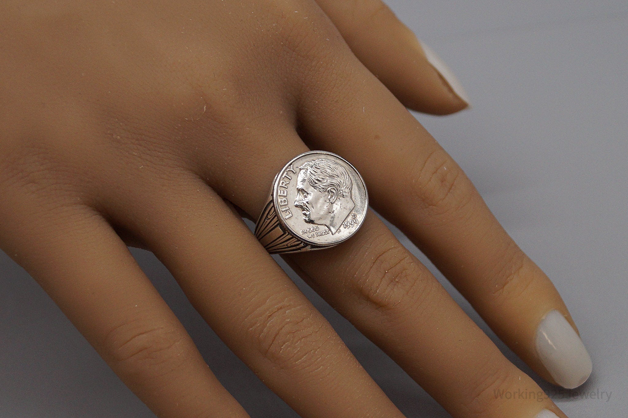 Vintage Uncas Mfg Co 1999-D Roosevelt Dime 12K GF Sterling Silver Ring - Size 10.25