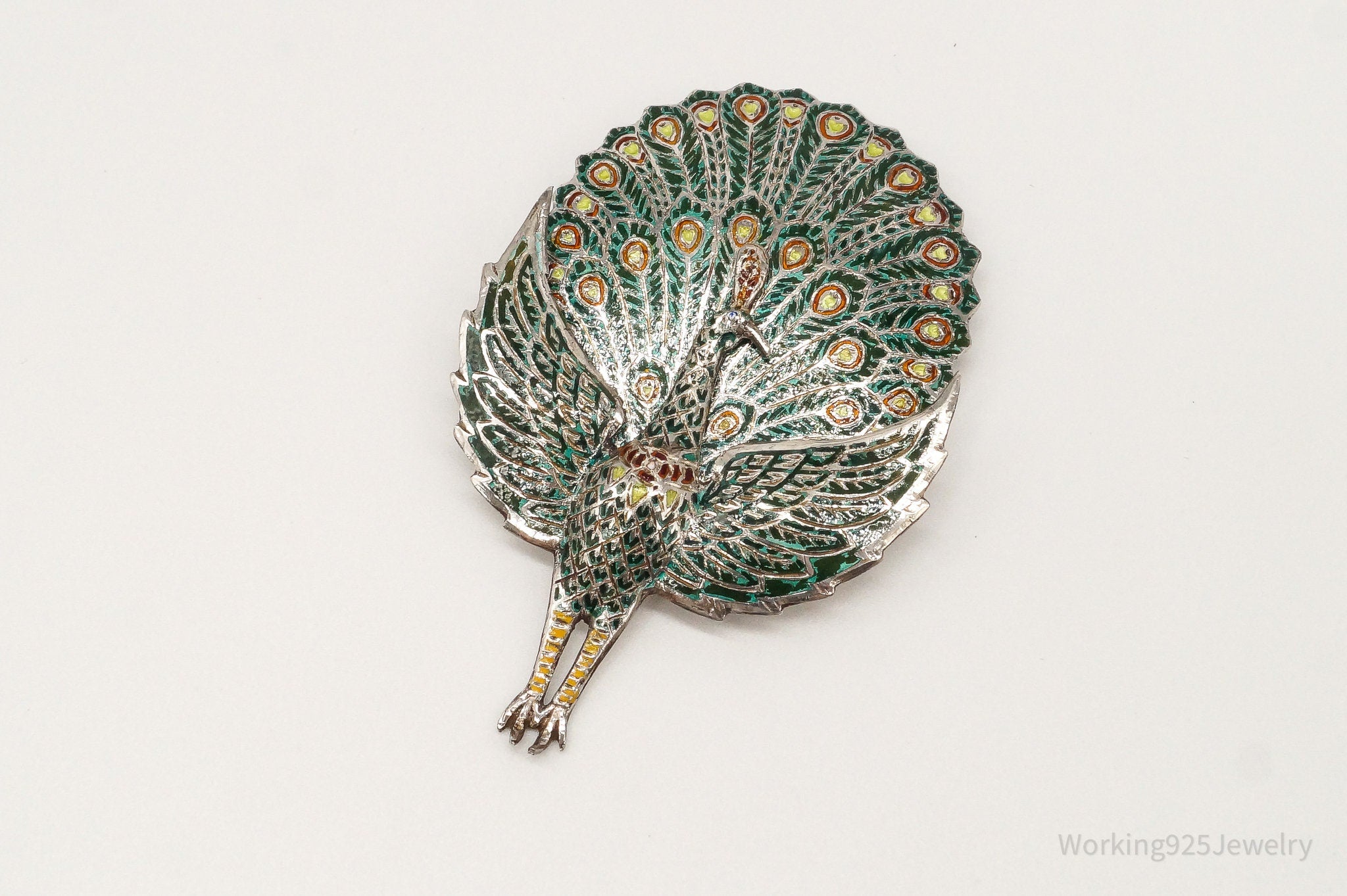 Vintage SIAM Enamel Peacock Silver Brooch Pin