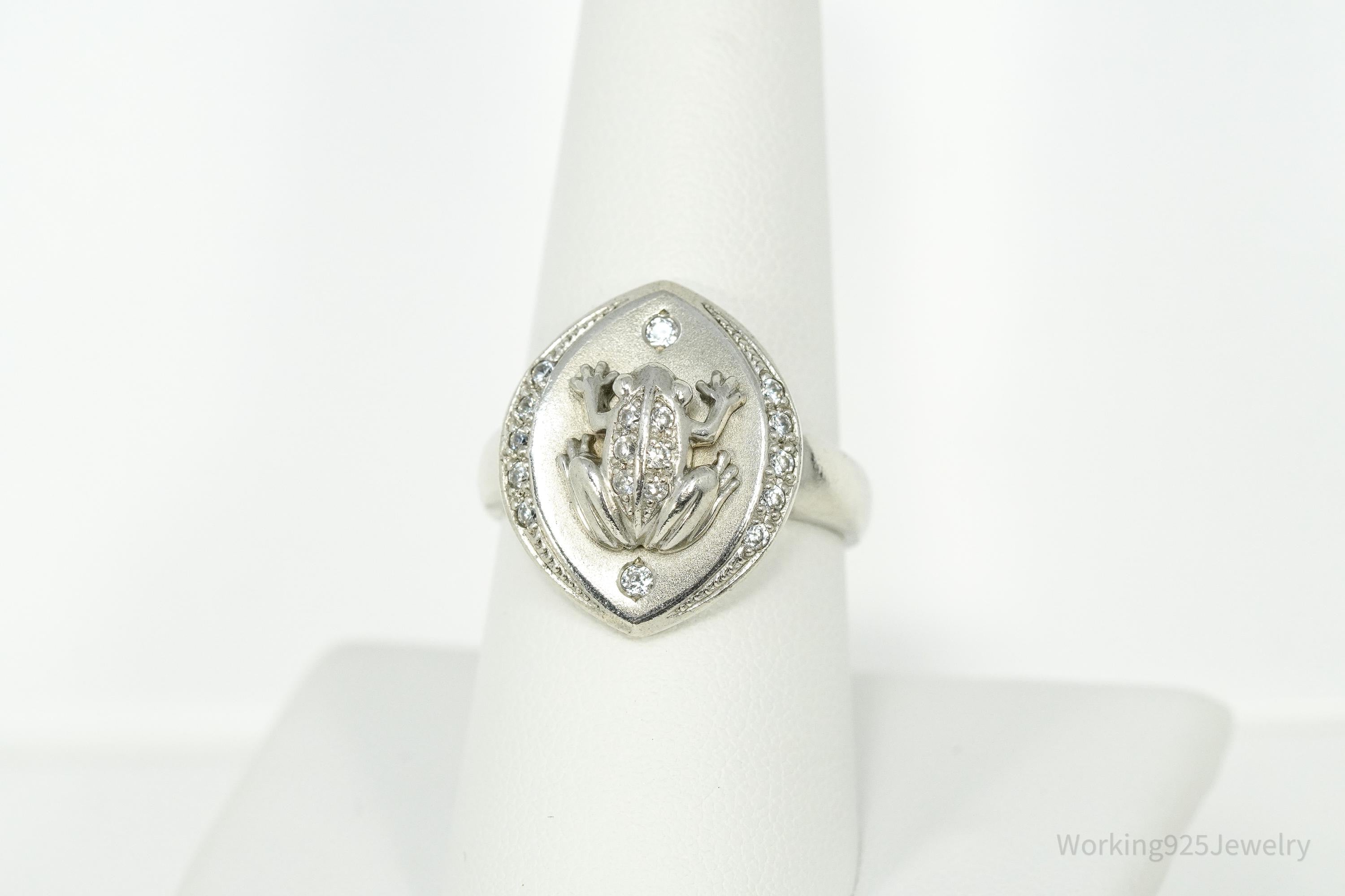Vintage Frog Cubic Zirconia Sterling Silver Ring - Size 8.25
