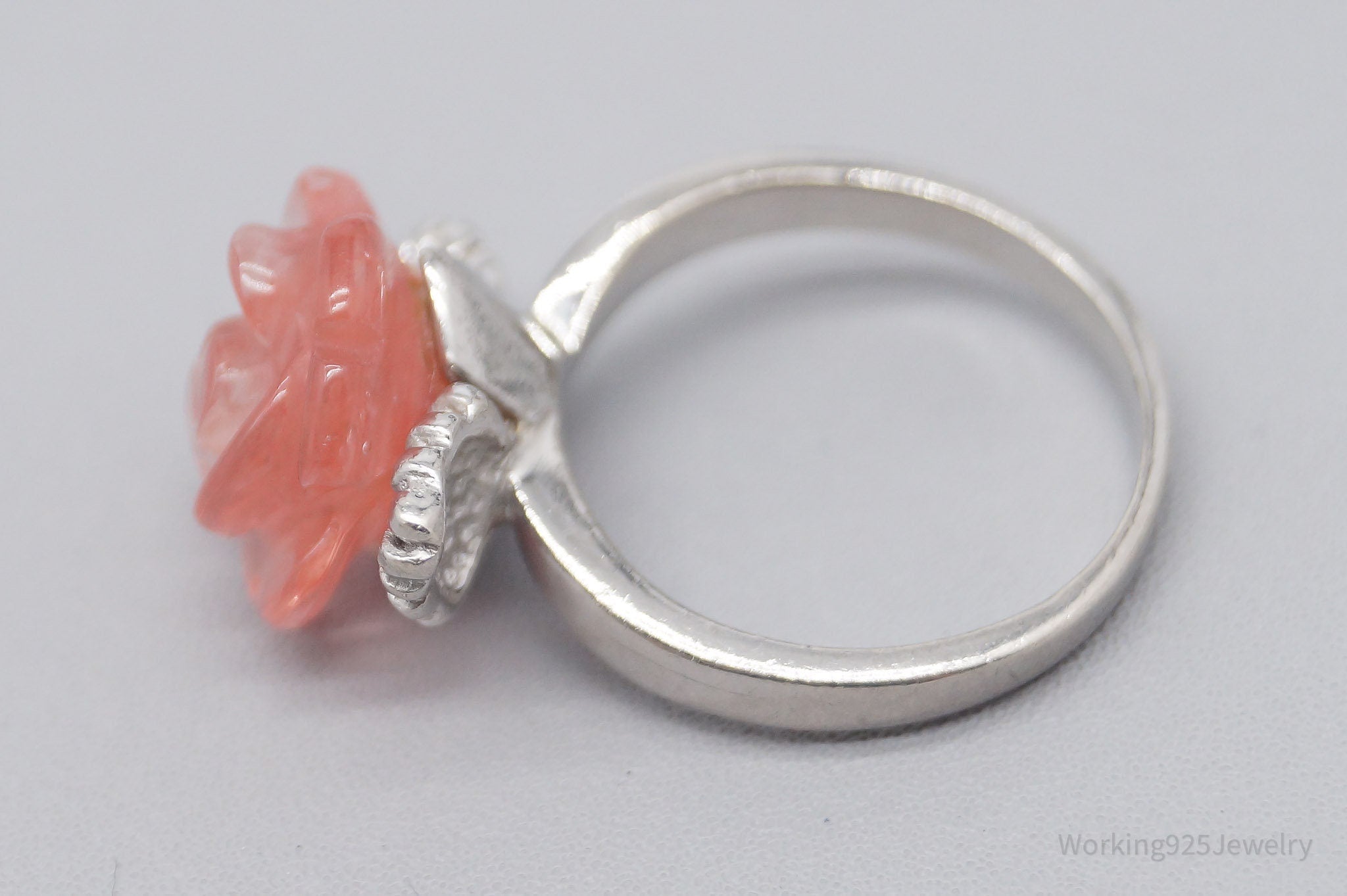 Vintage Pink Plastic Rose Sterling Silver Ring - Size 6