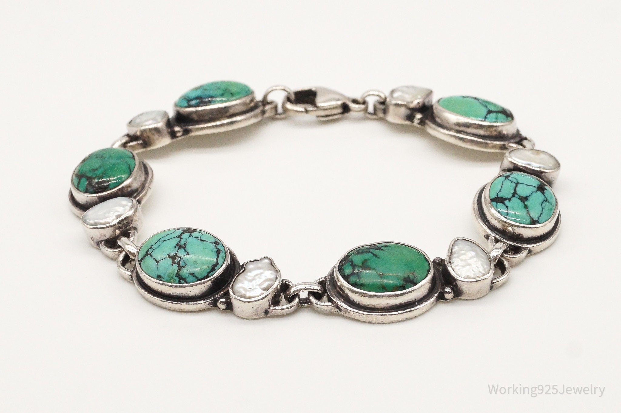 Vintage Turquoise Pearl Sterling Silver Bracelet