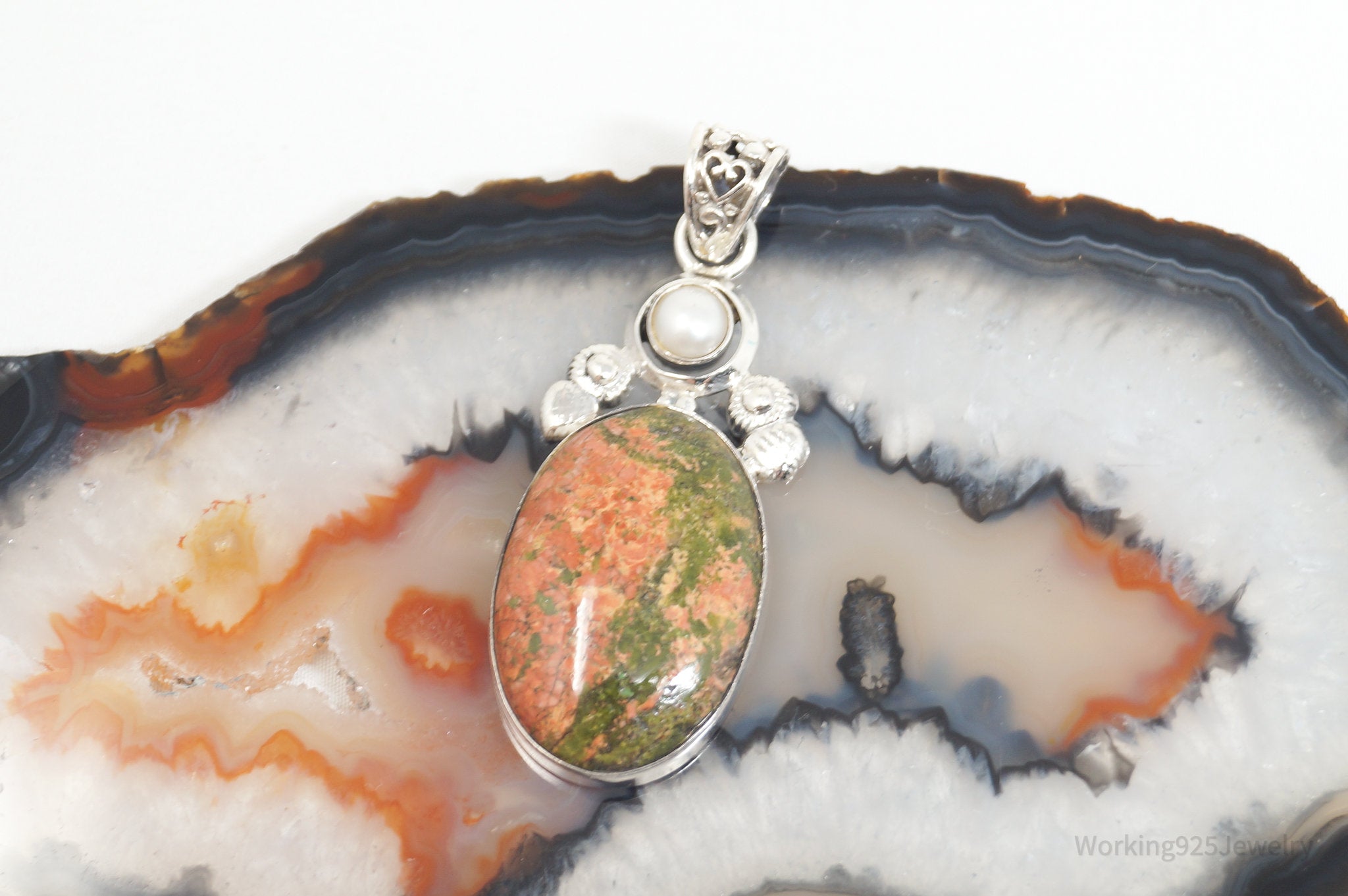 Vintage Large Green Orange Unakite Jasper Pearl Sterling Silver Necklace Pendant