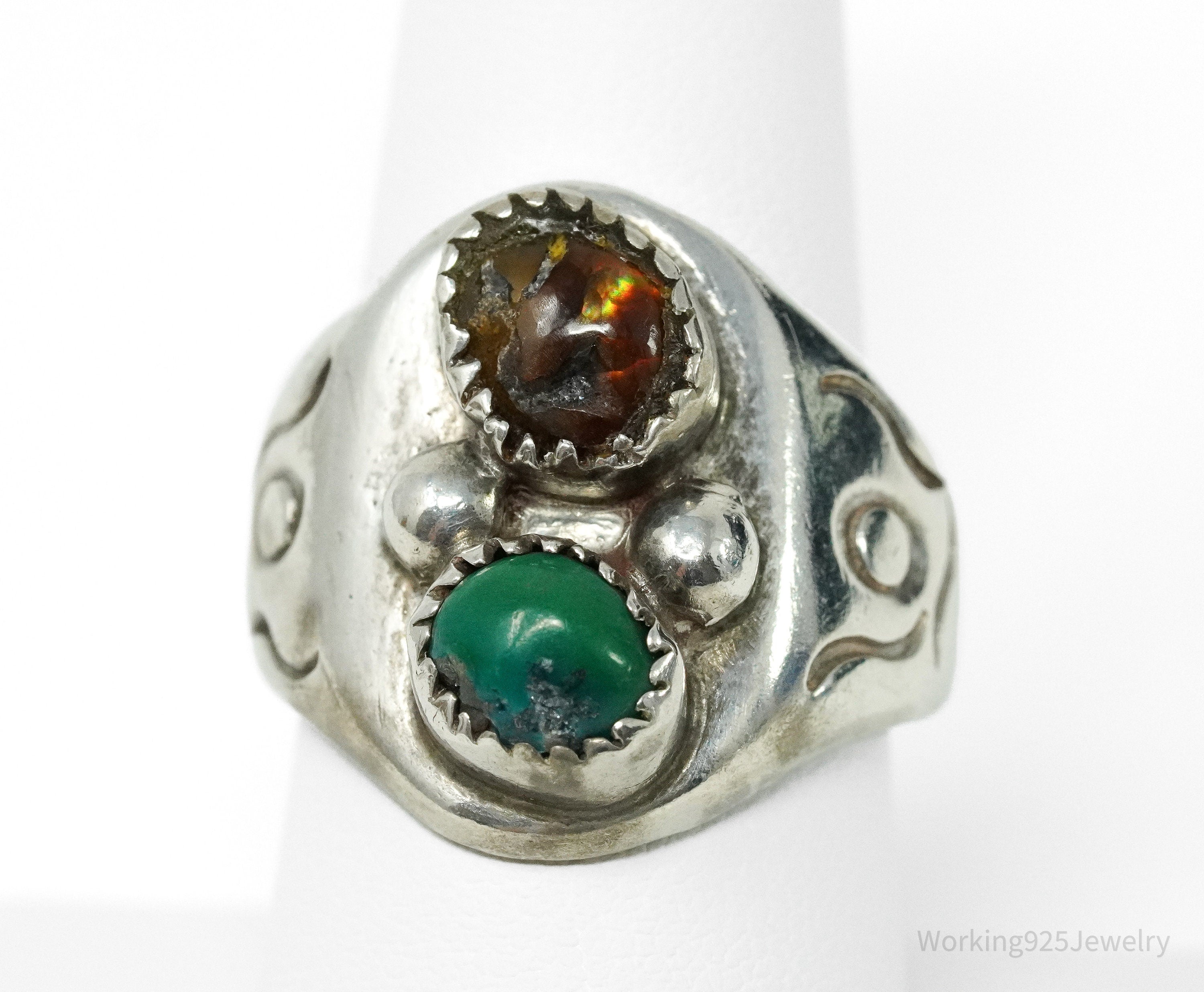 Vintage Native American Opal & Turquoise Handmade Silver Ring - Size 9