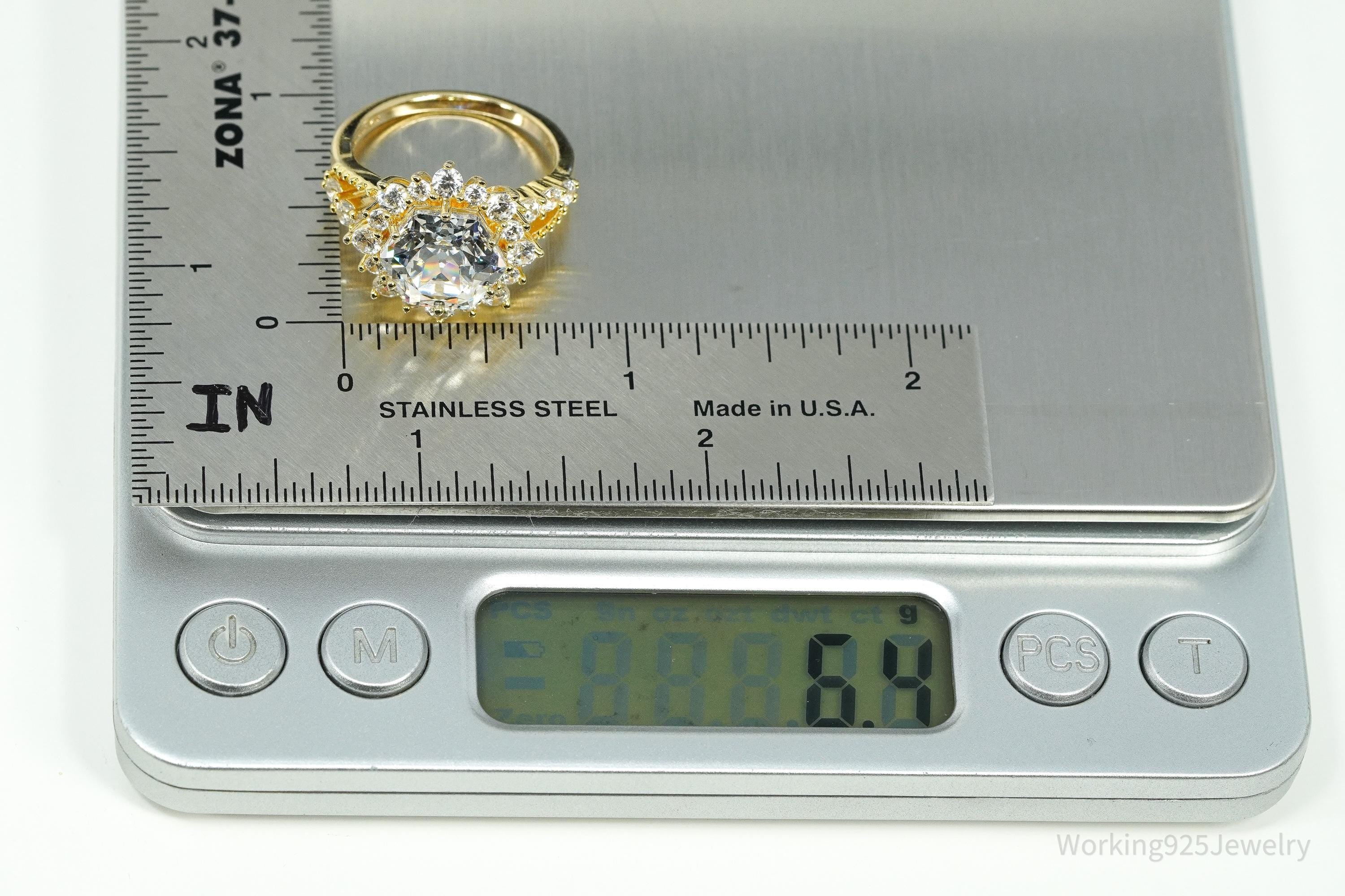 Large Cubic Zirconia Gold Over Sterling Silver Ring - Size 8